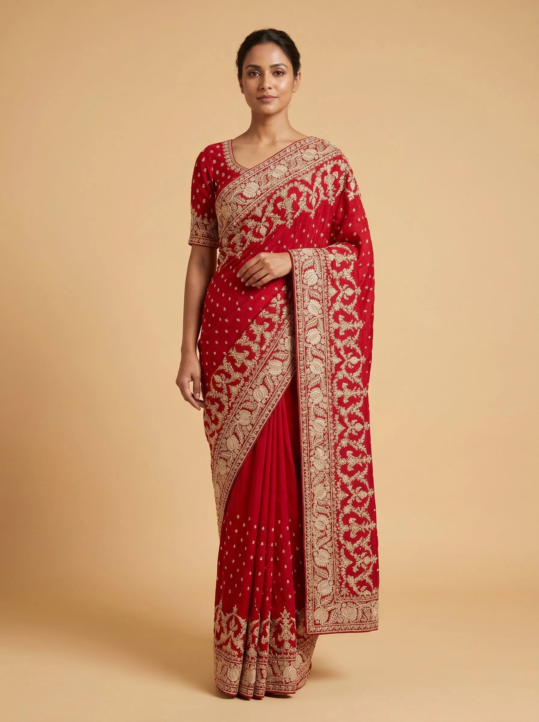 Red Festive Craft Embroidered Saree