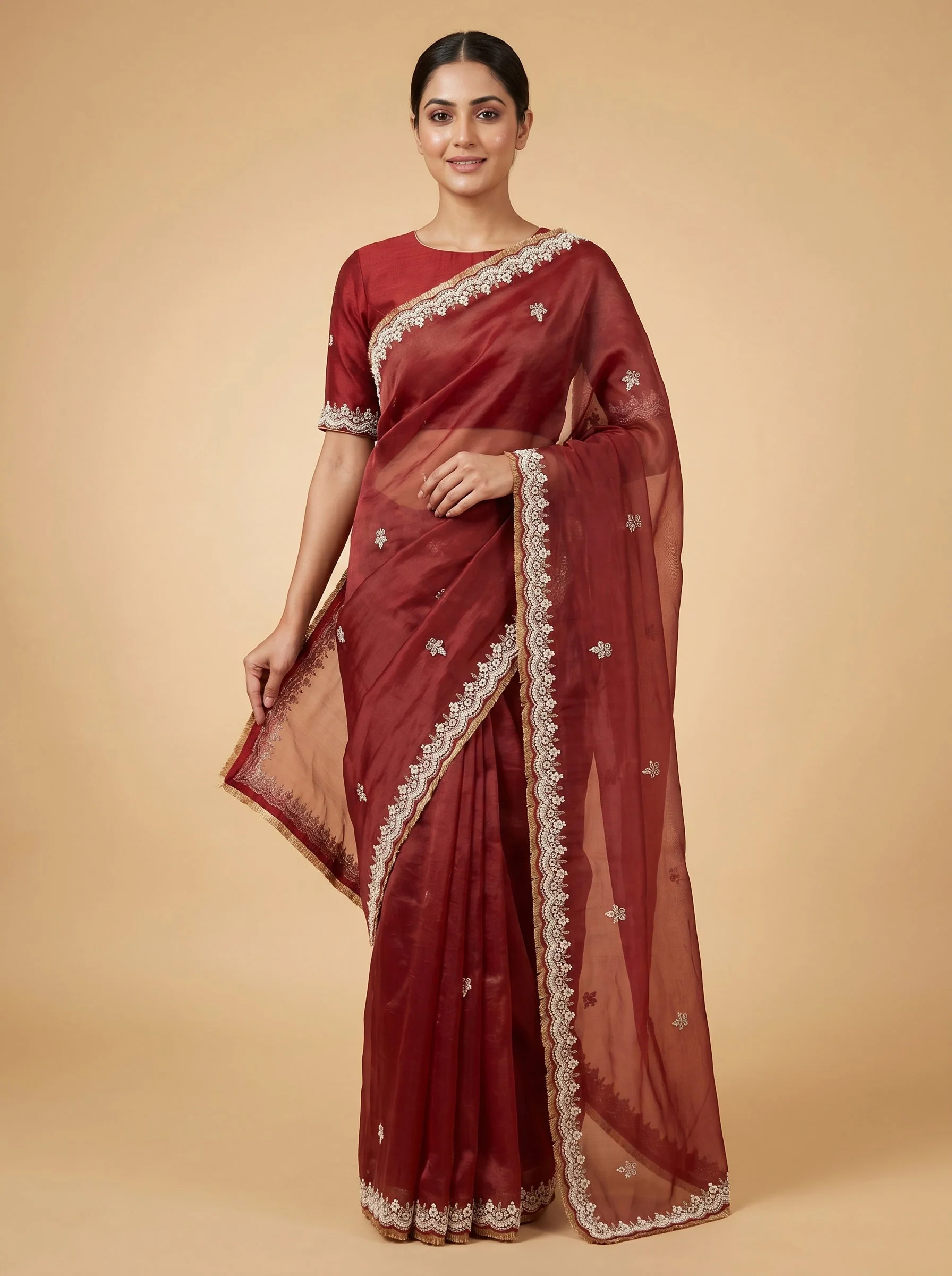 Red Festive Detailing Embroidered Saree