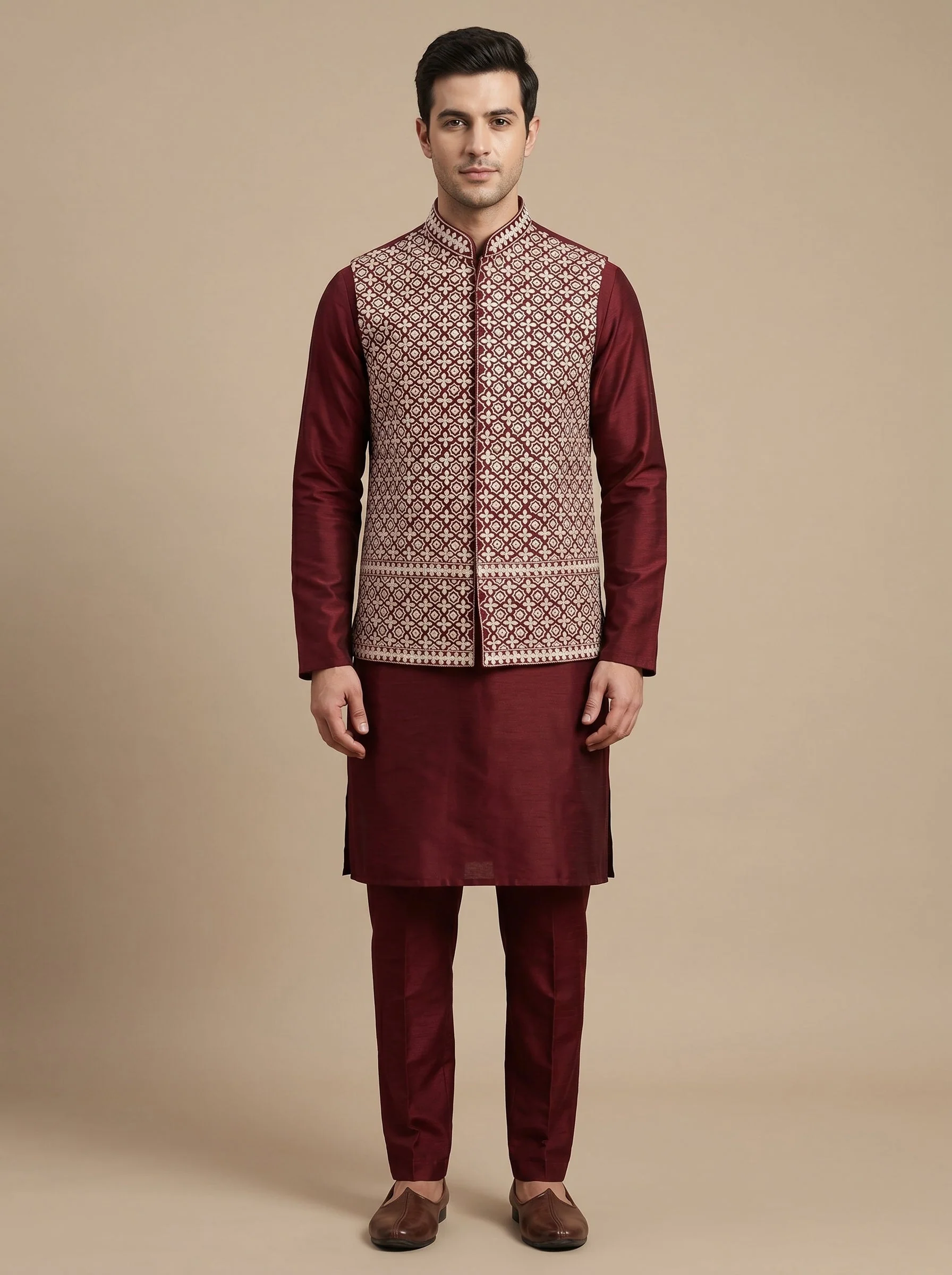 Red Festive Jacket Kurta Set