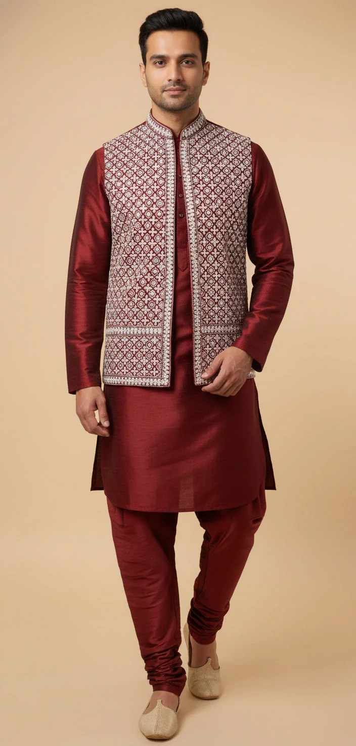 Red Festive Jacket Kurta Set - Image 2