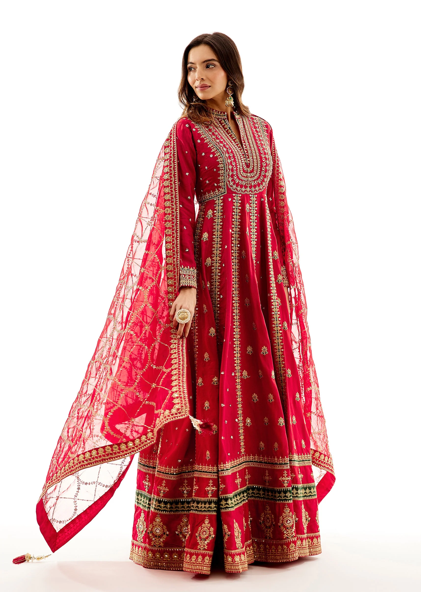 Red Floor Length Anarkali With Zari Embroidery - Image 3
