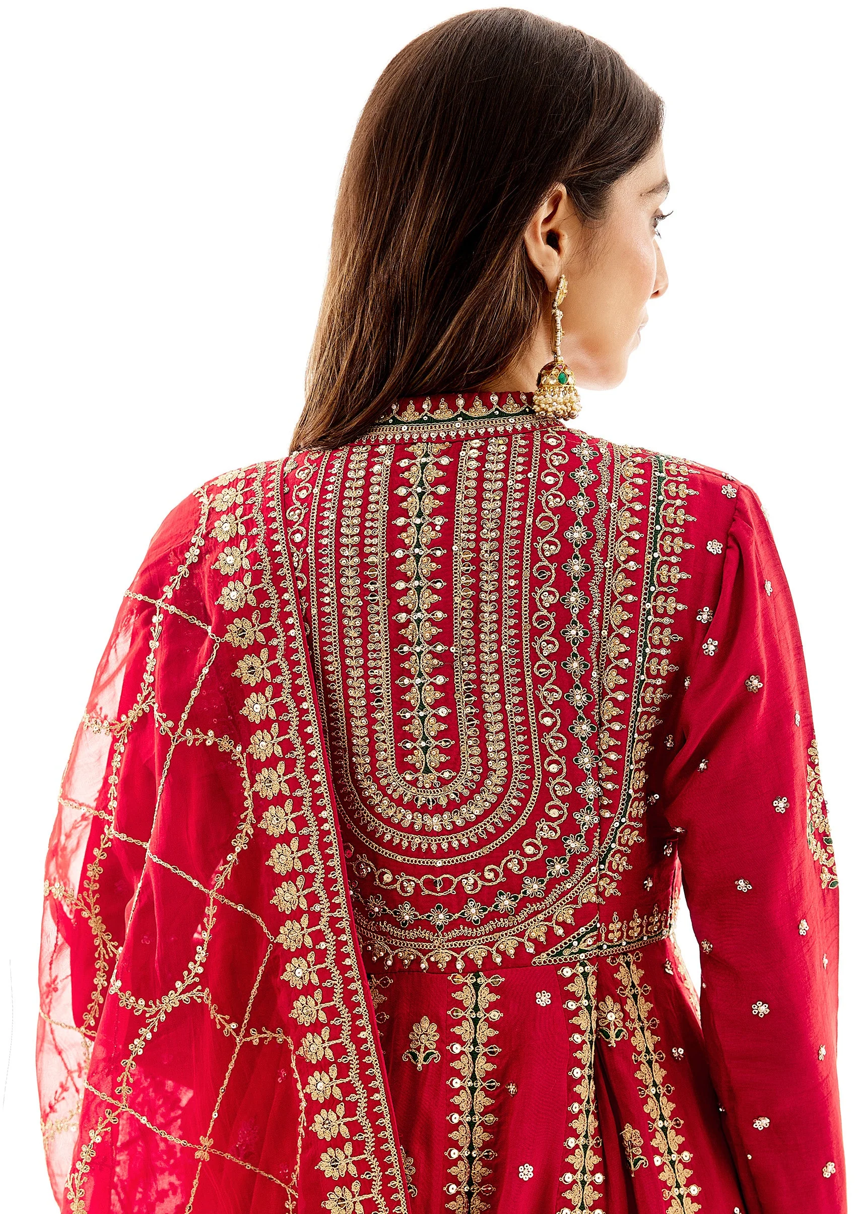 Red Floor Length Anarkali With Zari Embroidery - Image 6