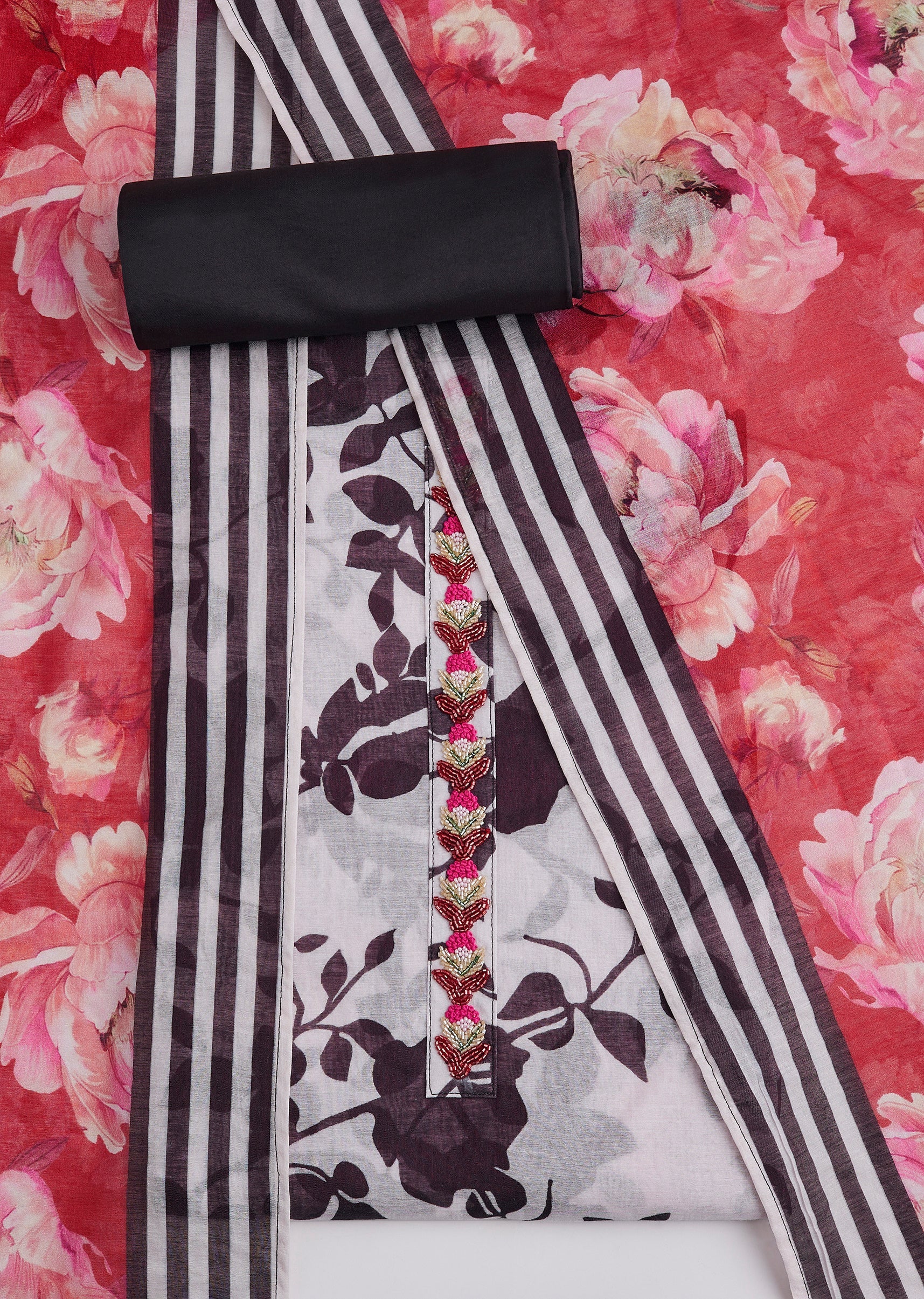 Red Floral Printed Cotton Unstitched Suit Set With Dupatta