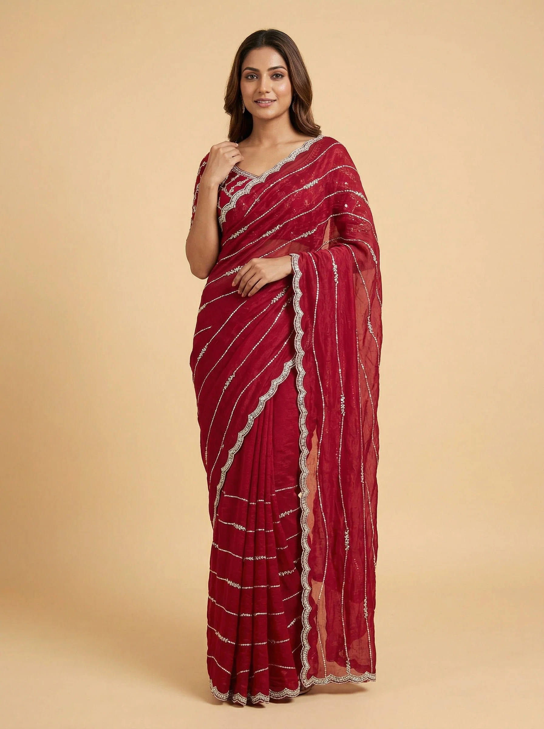 Red Flourished Embroidered Saree