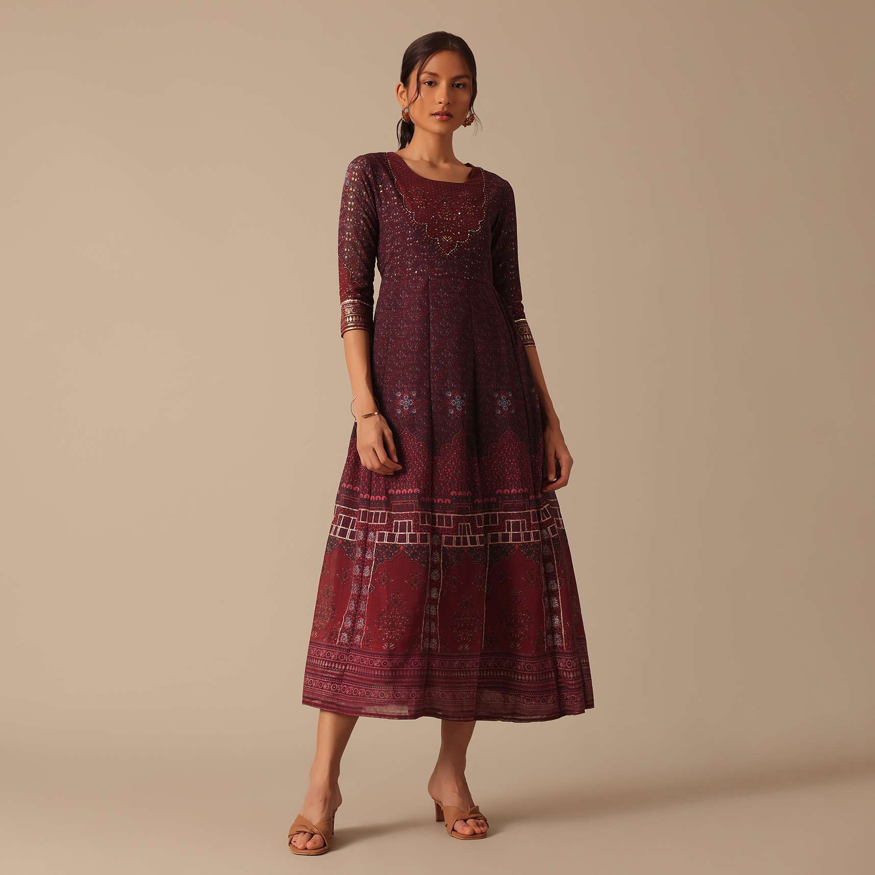 Red Foil Printed Kurta With Sequin Work