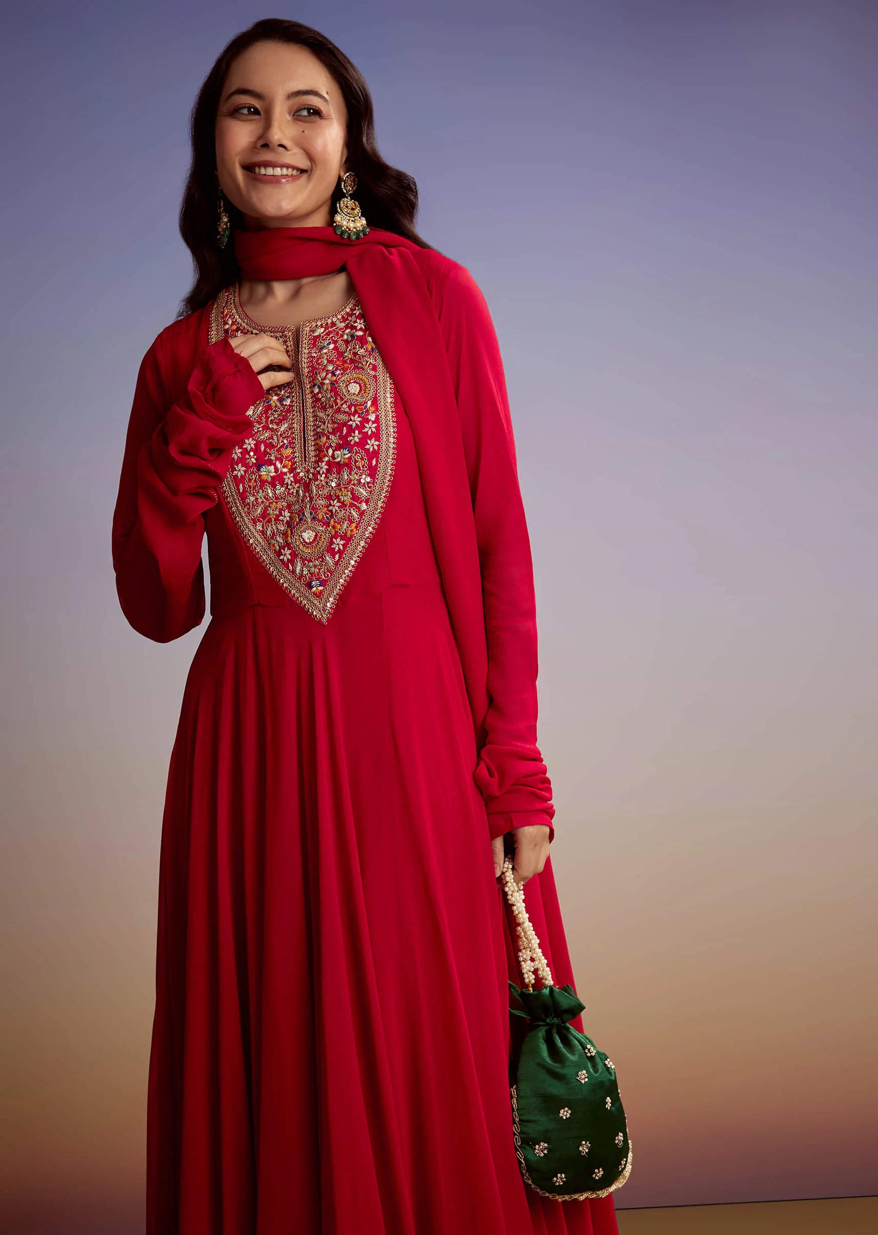 Red Georgette Anarkali Suit With Zari And Sequins Work - Image 4