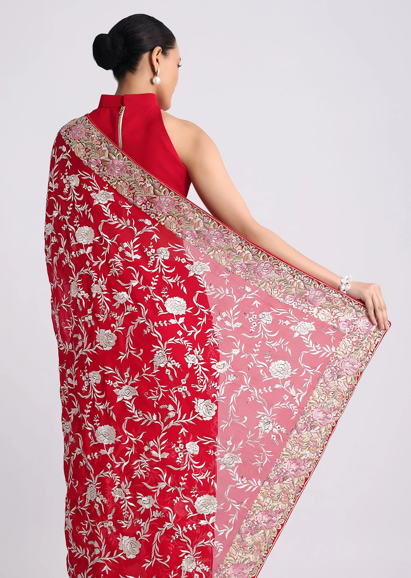 Red Georgette Saree with Parsi Gara Work - Image 4