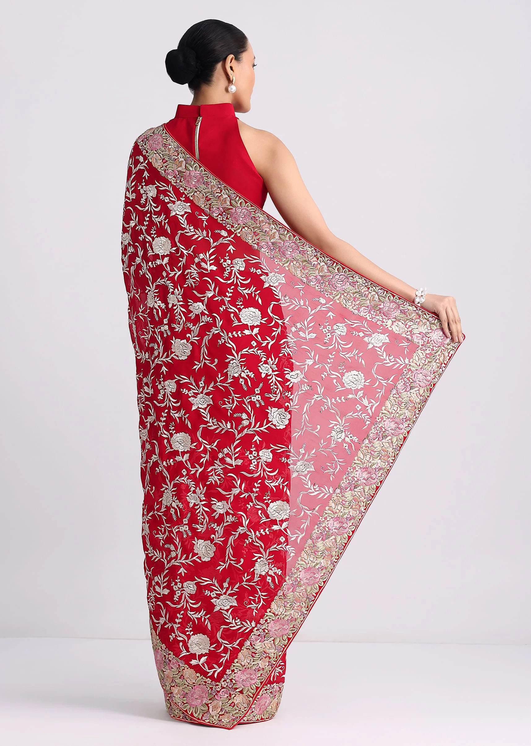 Red Georgette Saree with Parsi Gara Work - Image 6