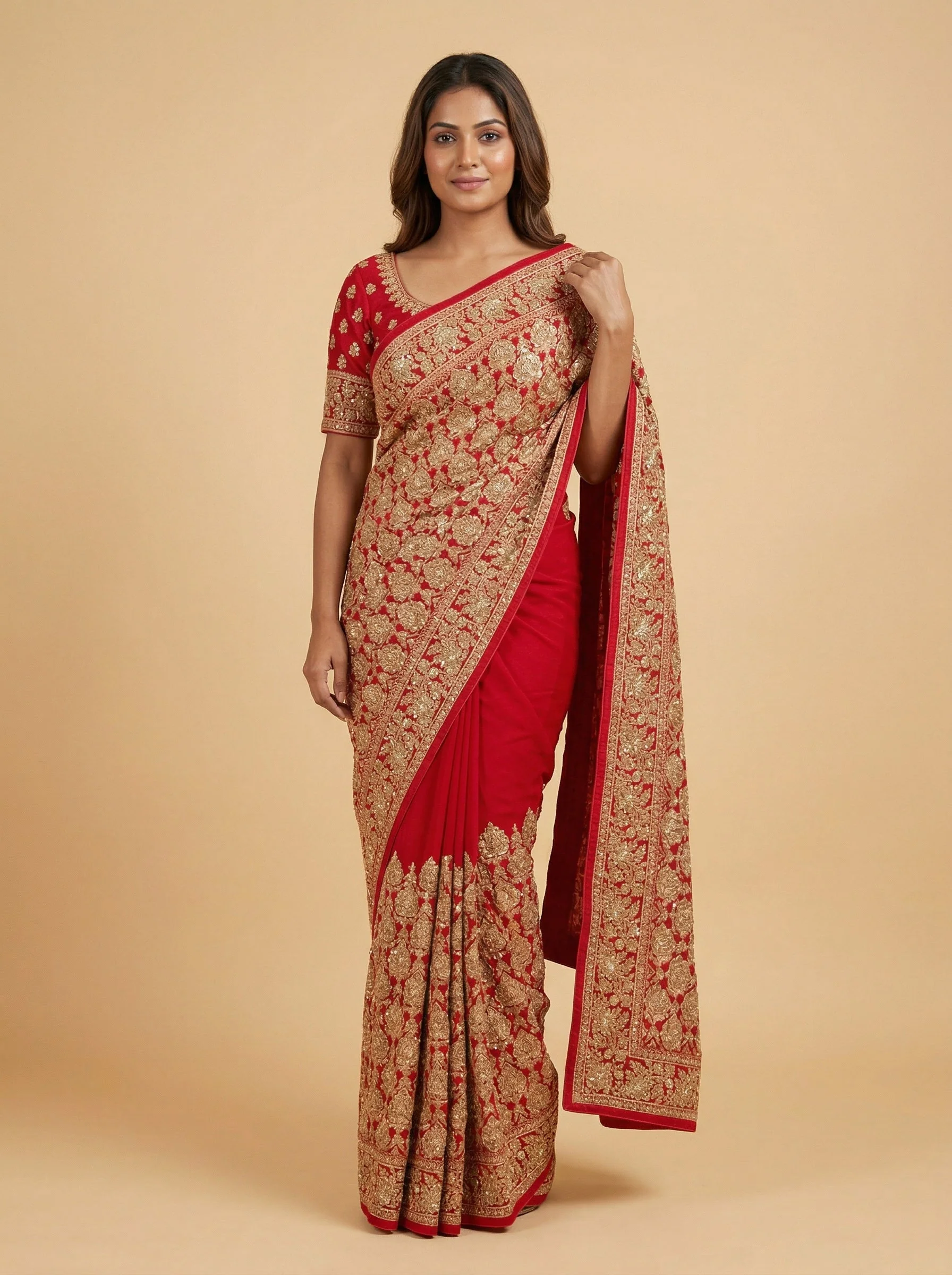 Red Glowing Embroidered Saree