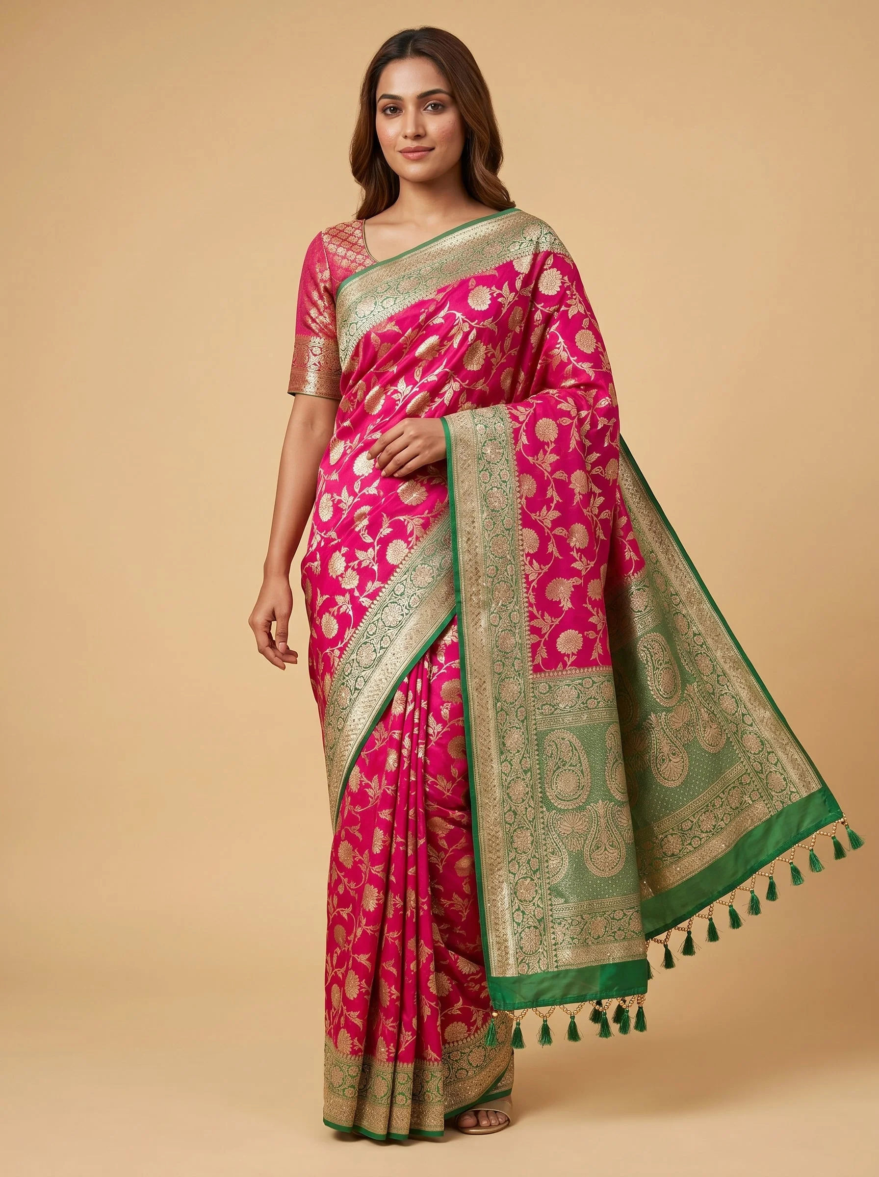 Red Green Festive Fusion Embroidered Saree