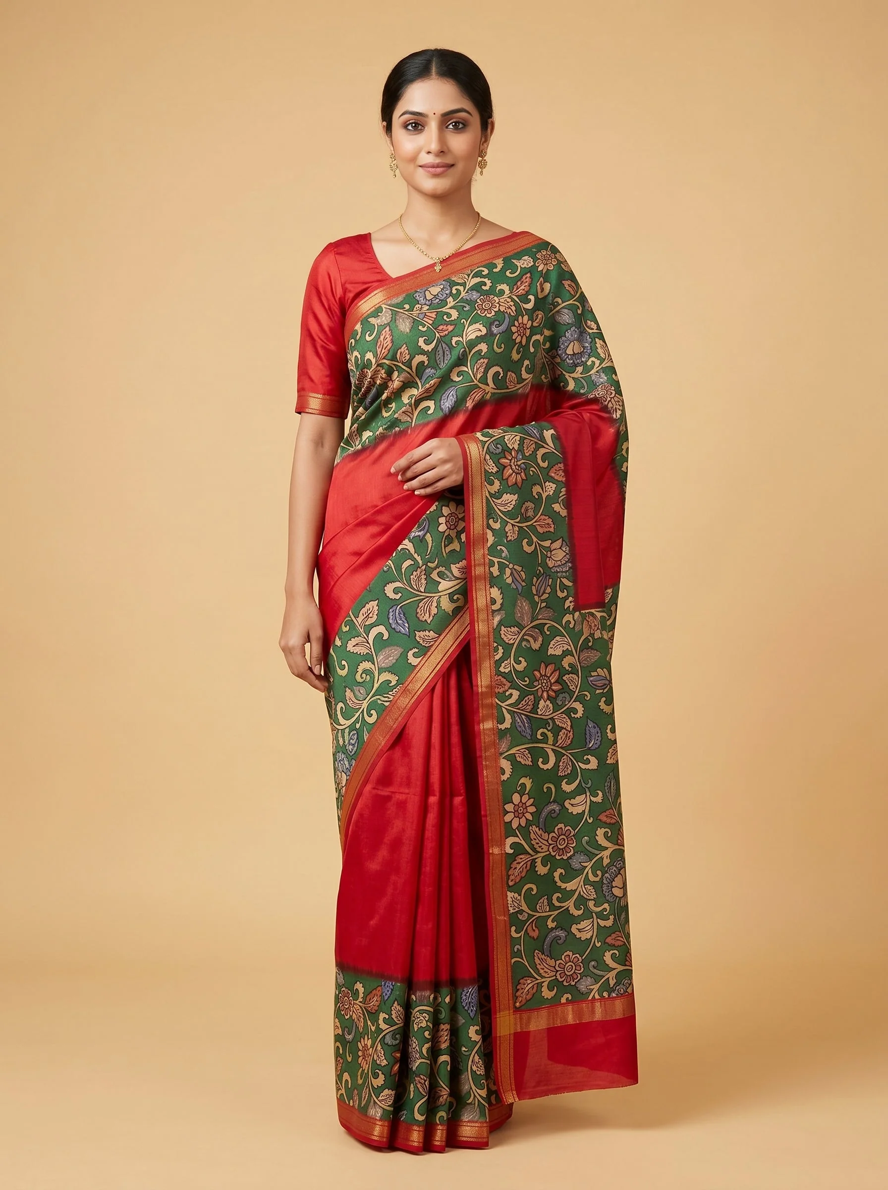 Red Green Fusion Saree