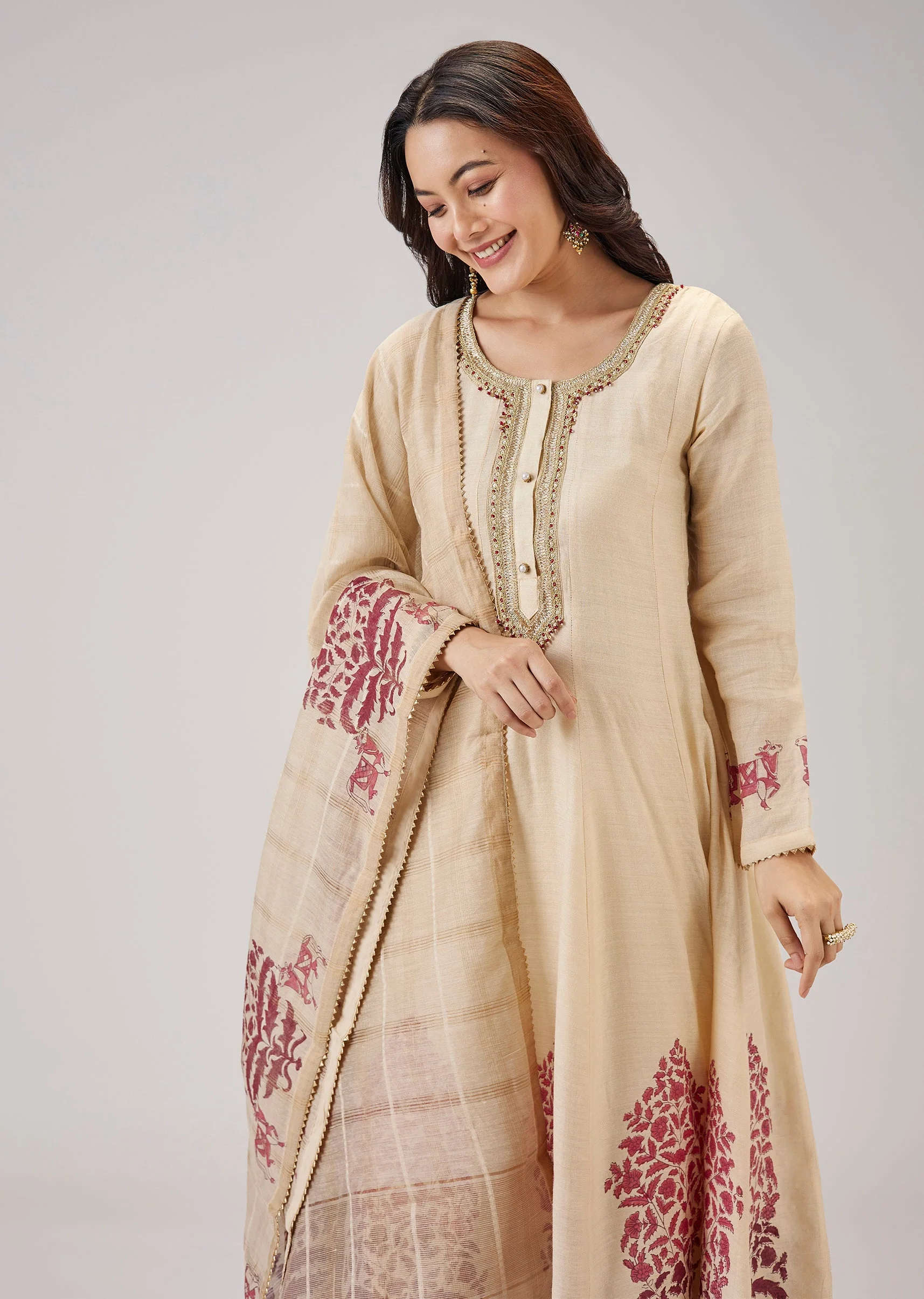Red Hand Block Print Anarkali With Zardosi Detailing - Image 4