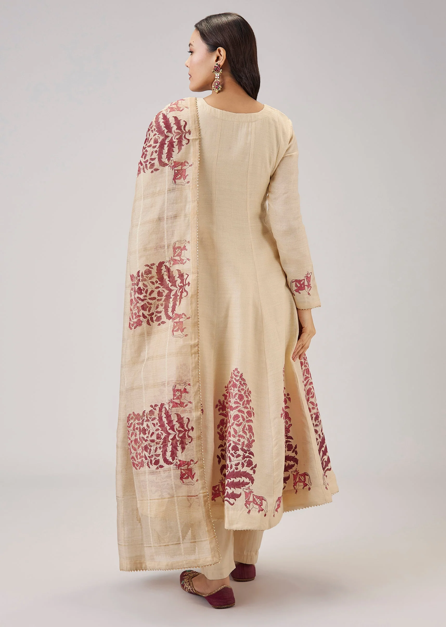 Red Hand Block Print Anarkali With Zardosi Detailing - Image 5