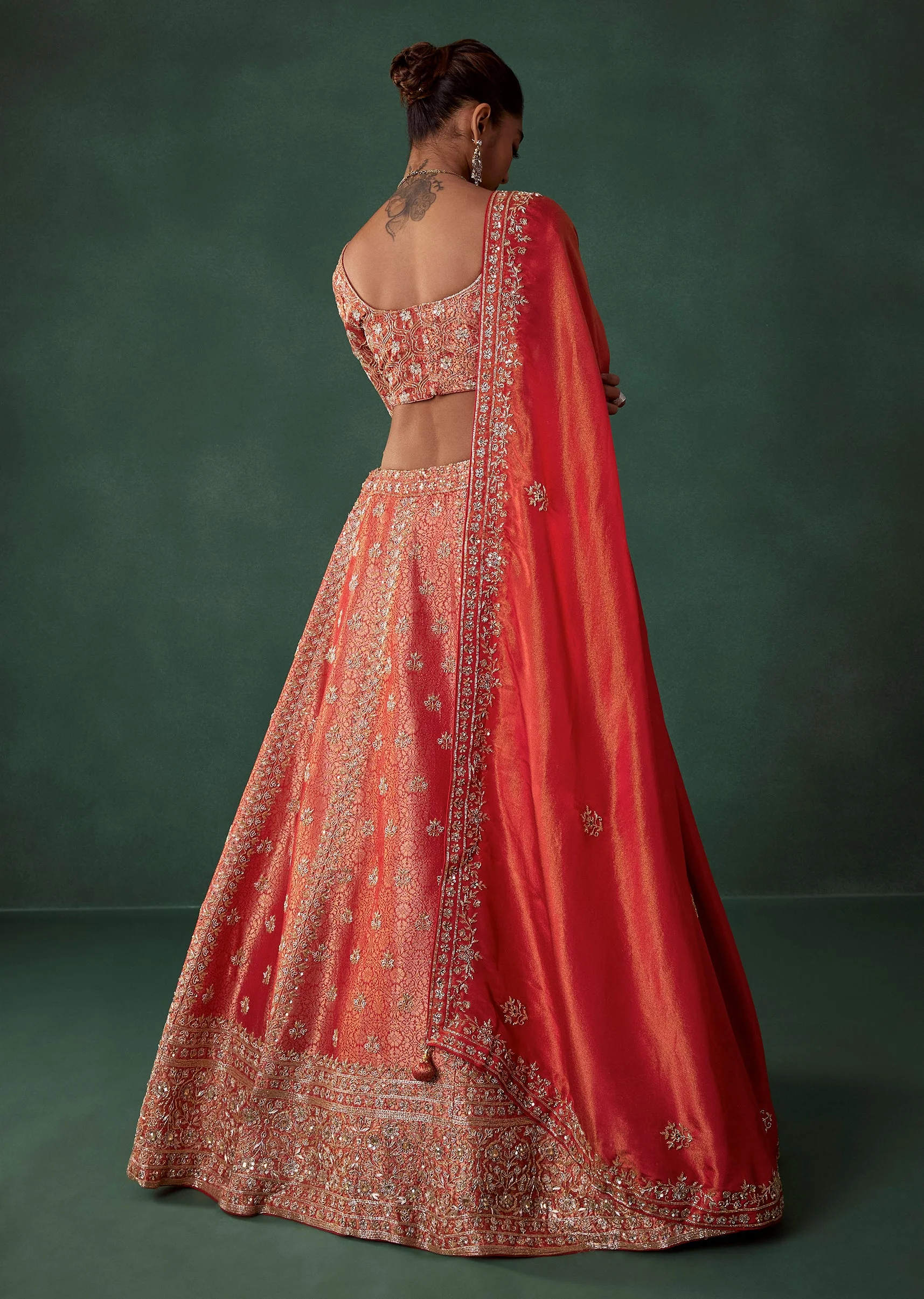 Red Hand Embroidered Brocade Silk Bridal Lehenga Set - Image 2