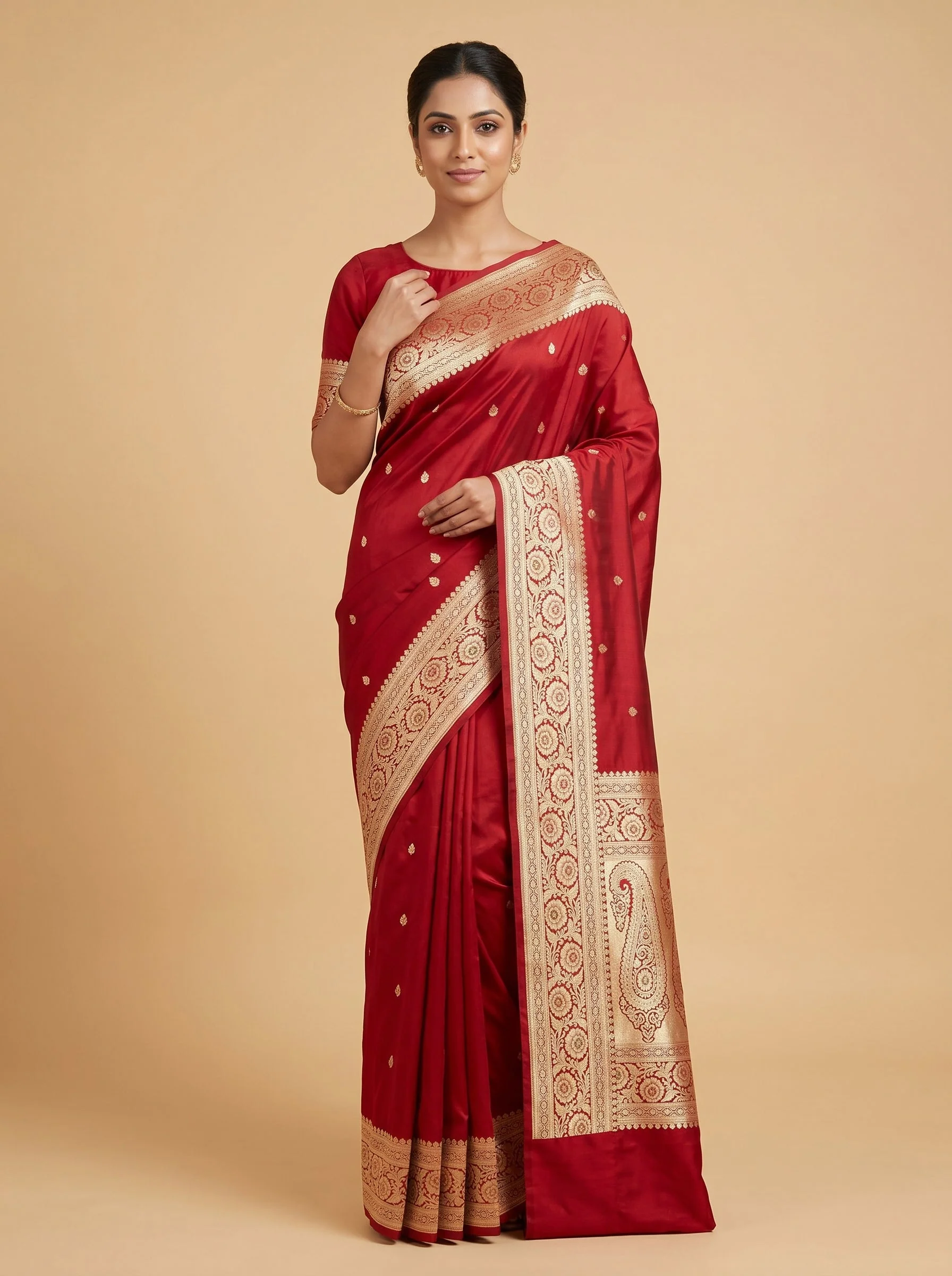 Red Handloom Saree with Bold Drape