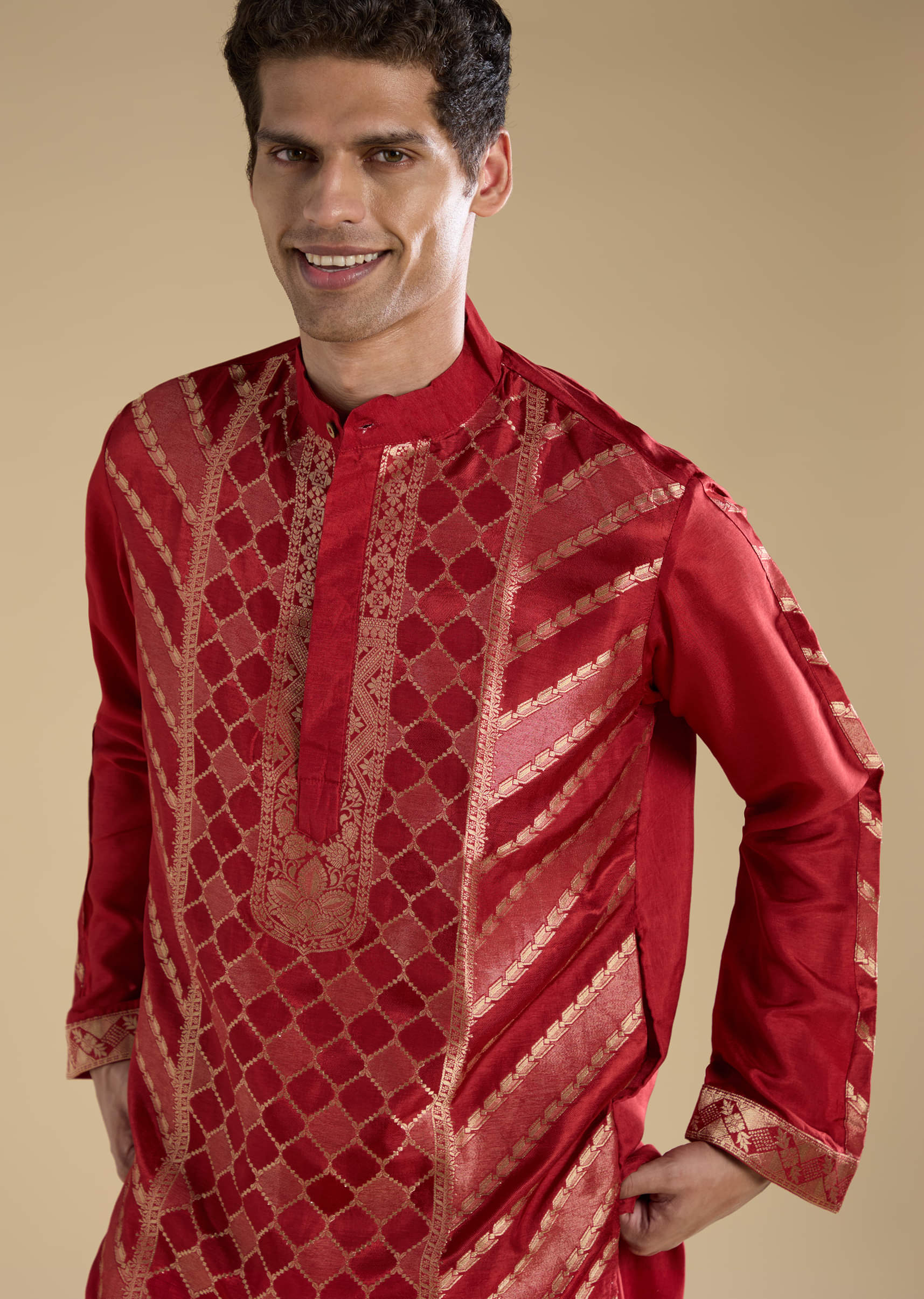 Red Handwoven Jacquard Silk Mens Kurta Set - Image 2