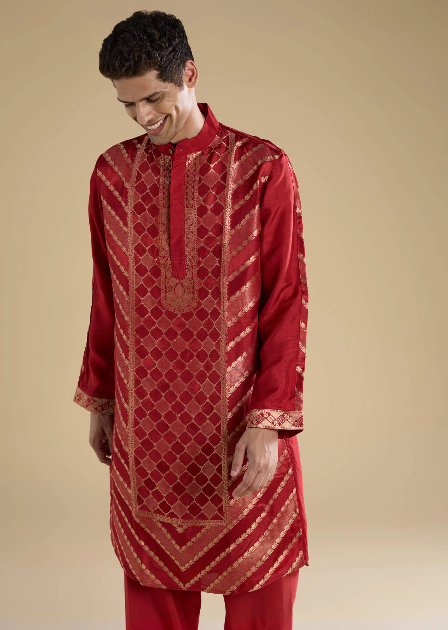 Red Handwoven Jacquard Silk Mens Kurta Set - Image 4