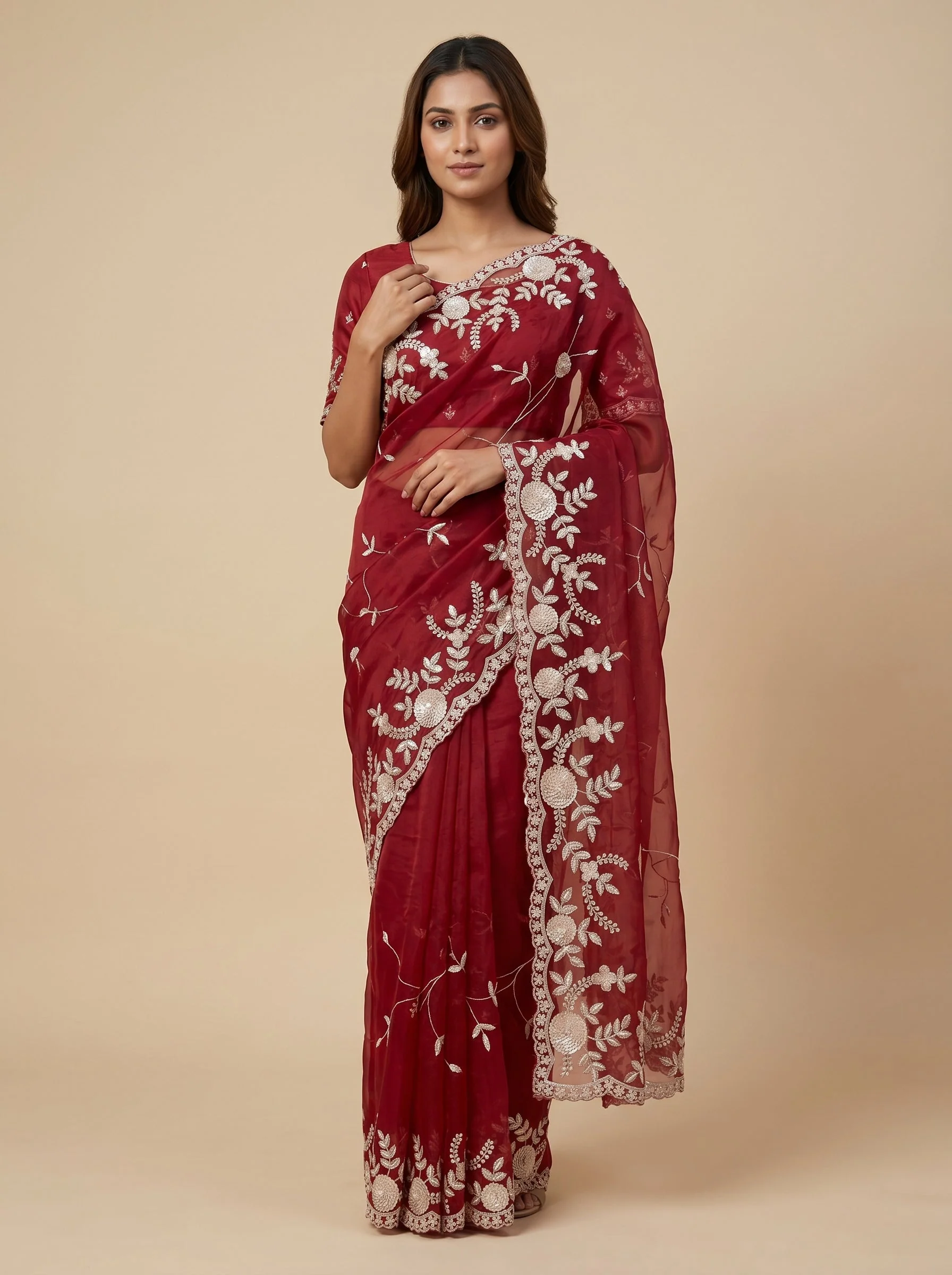 Red Heritage Threadwork Embroidered Saree