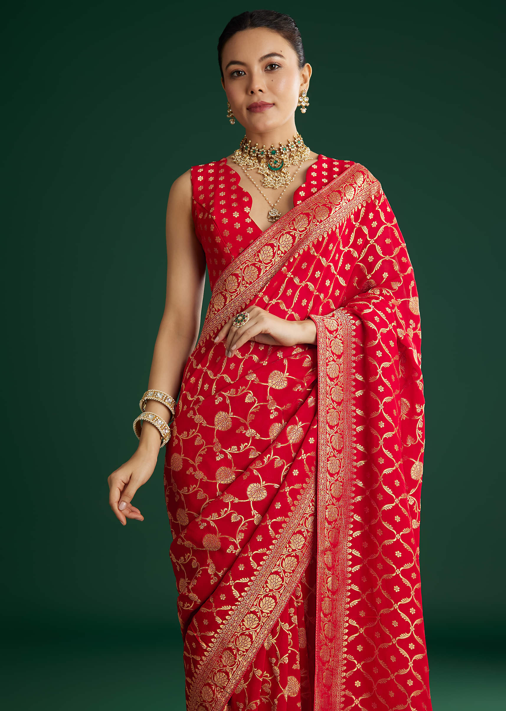 Red Jaal Work Saree With Floral Border And Pallu - Image 2
