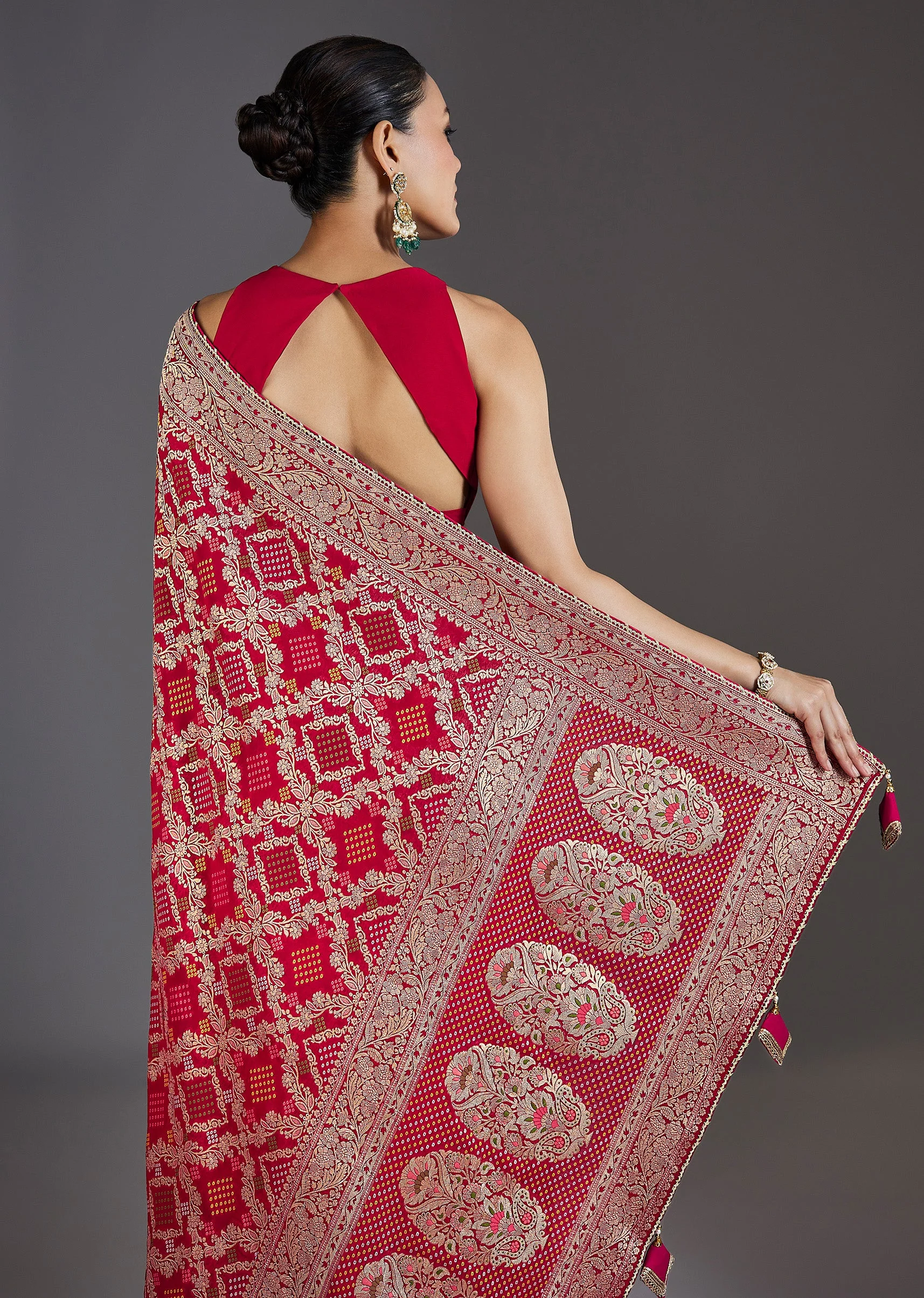 Red Khaddi Georgette Woven Bandhani Saree - Image 6