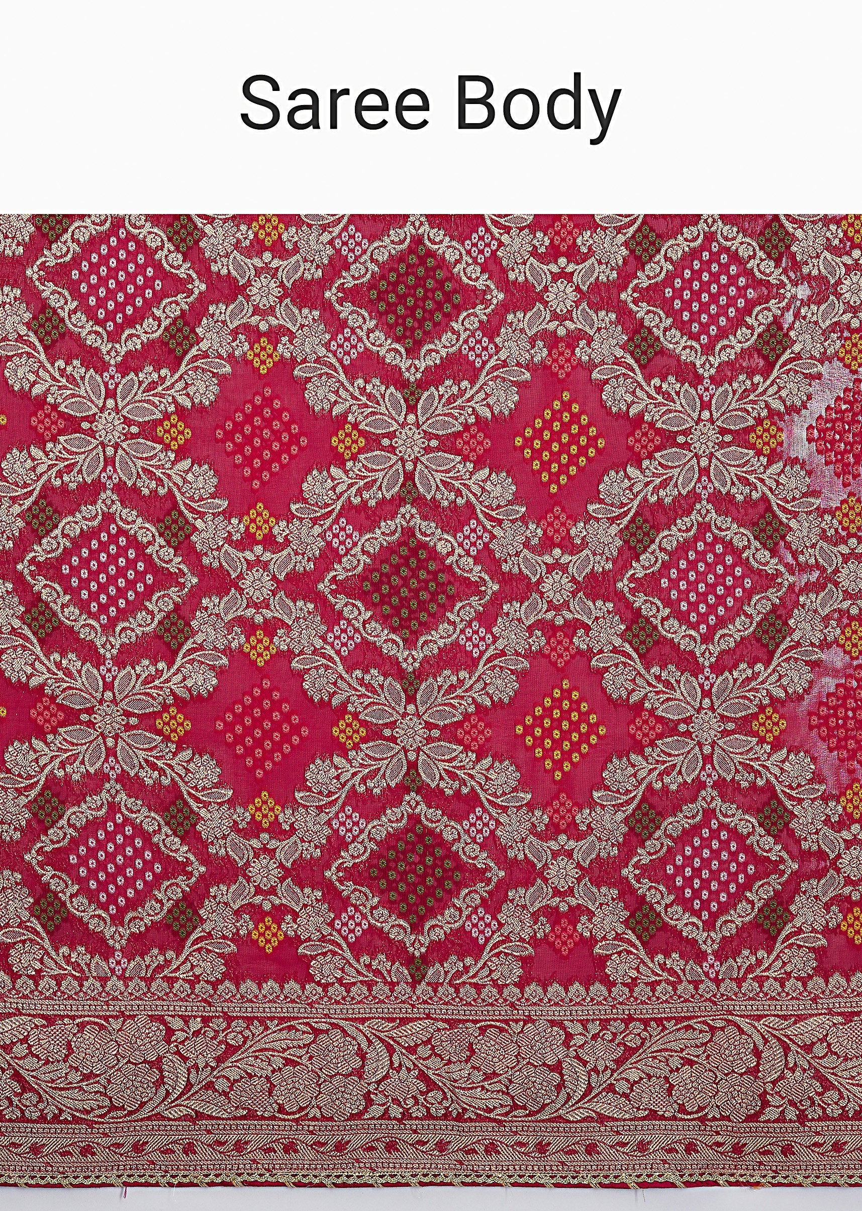 Red Khaddi Georgette Woven Bandhani Saree - Image 9