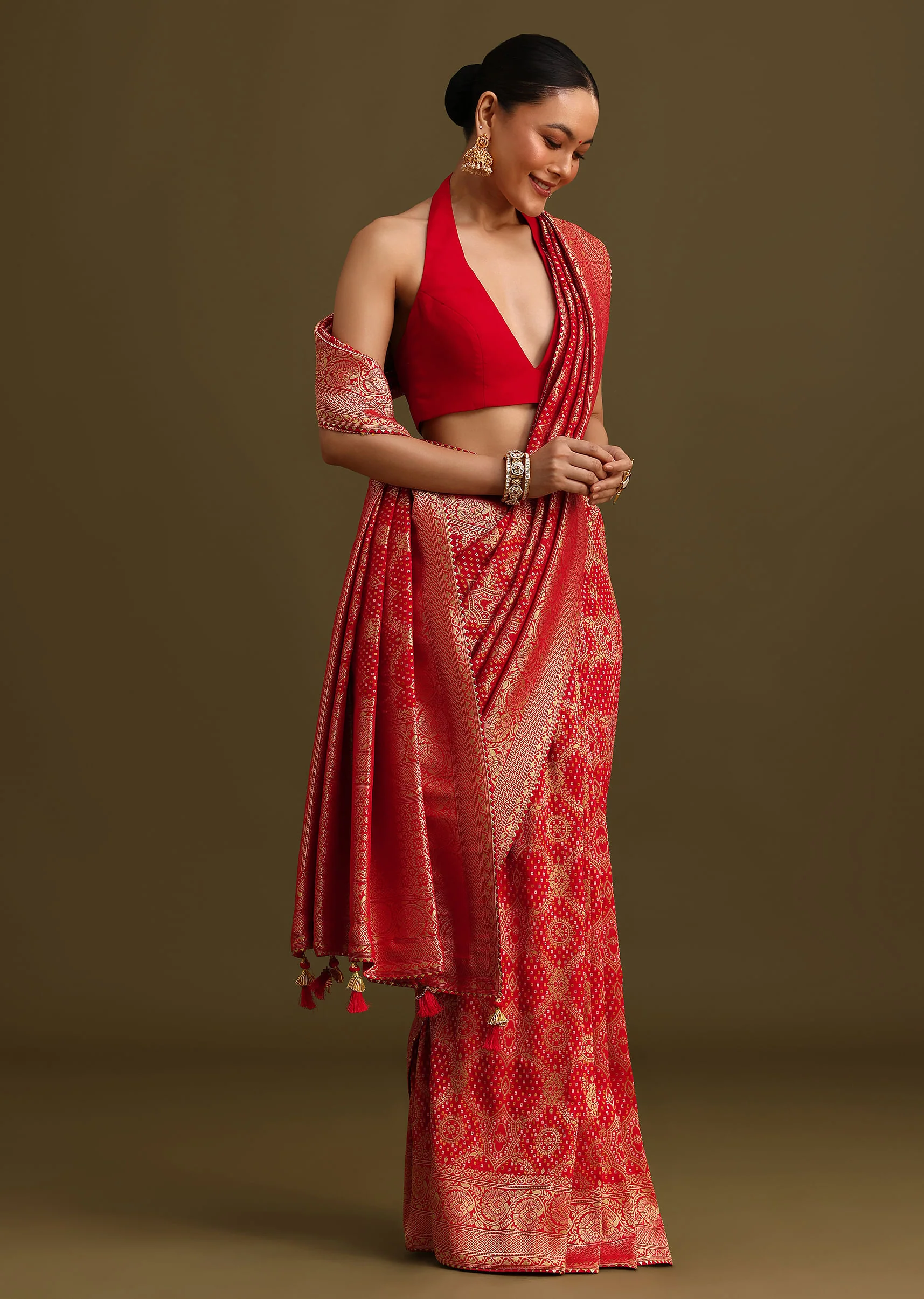 Red Khaddi Georgette Zari Weave Saree With Unstitched Blouse - Image 3