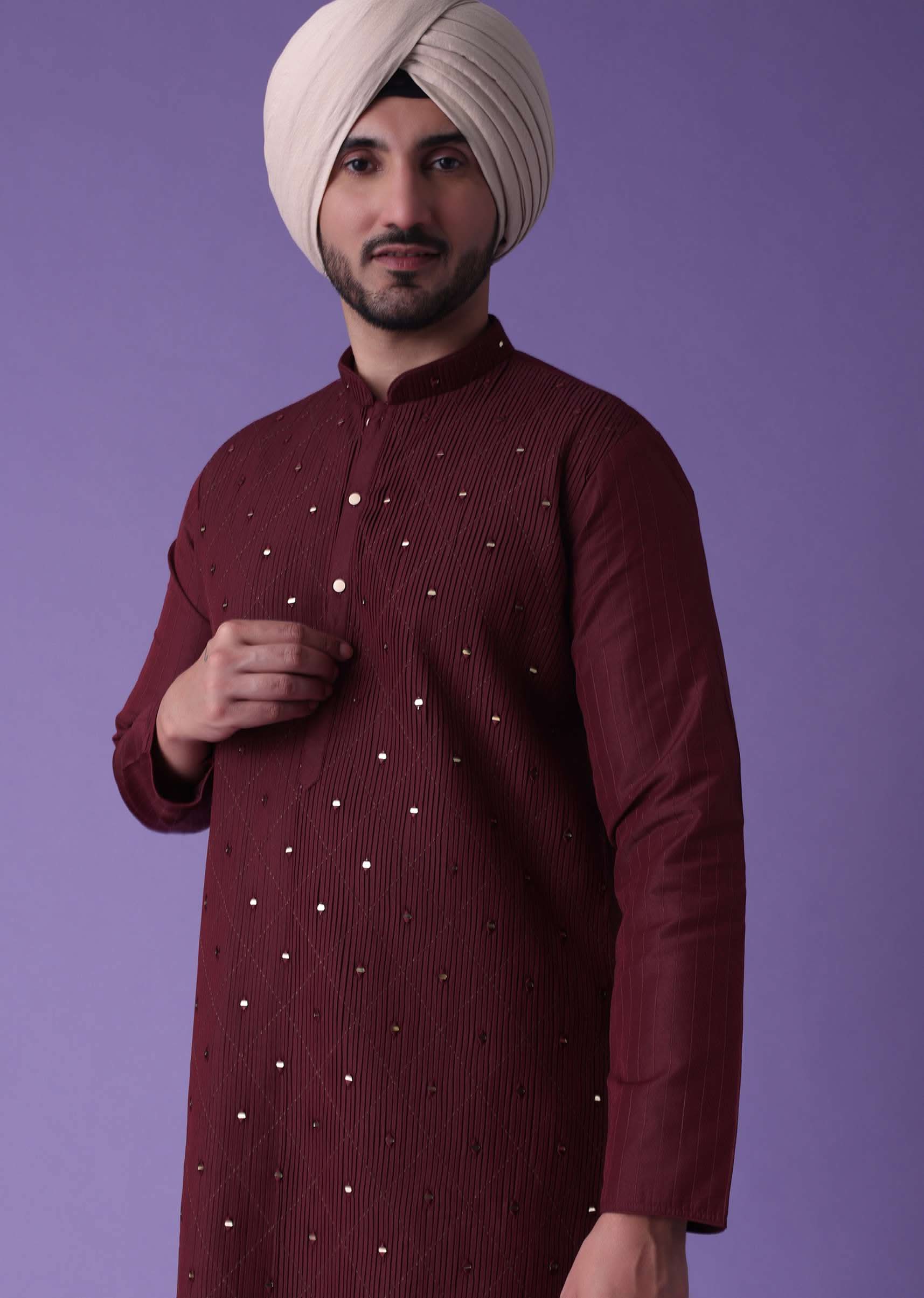 Red Kurta Set In Cotton Silk With Mirror Embroidery - Image 3
