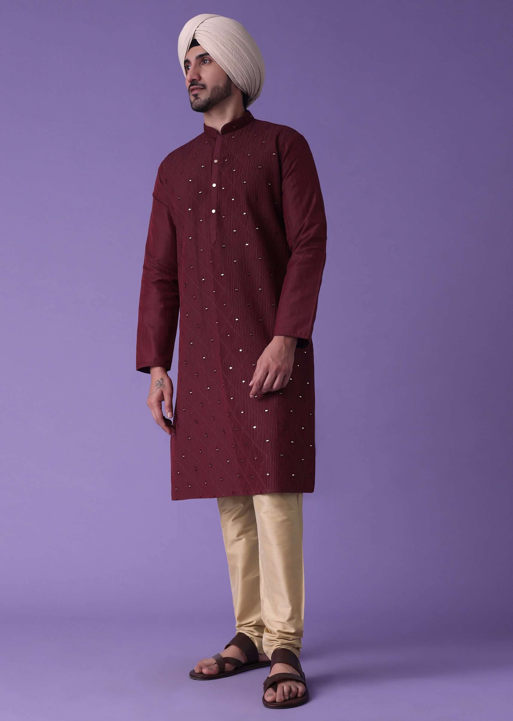Red Kurta Set In Cotton Silk With Mirror Embroidery - Image 4