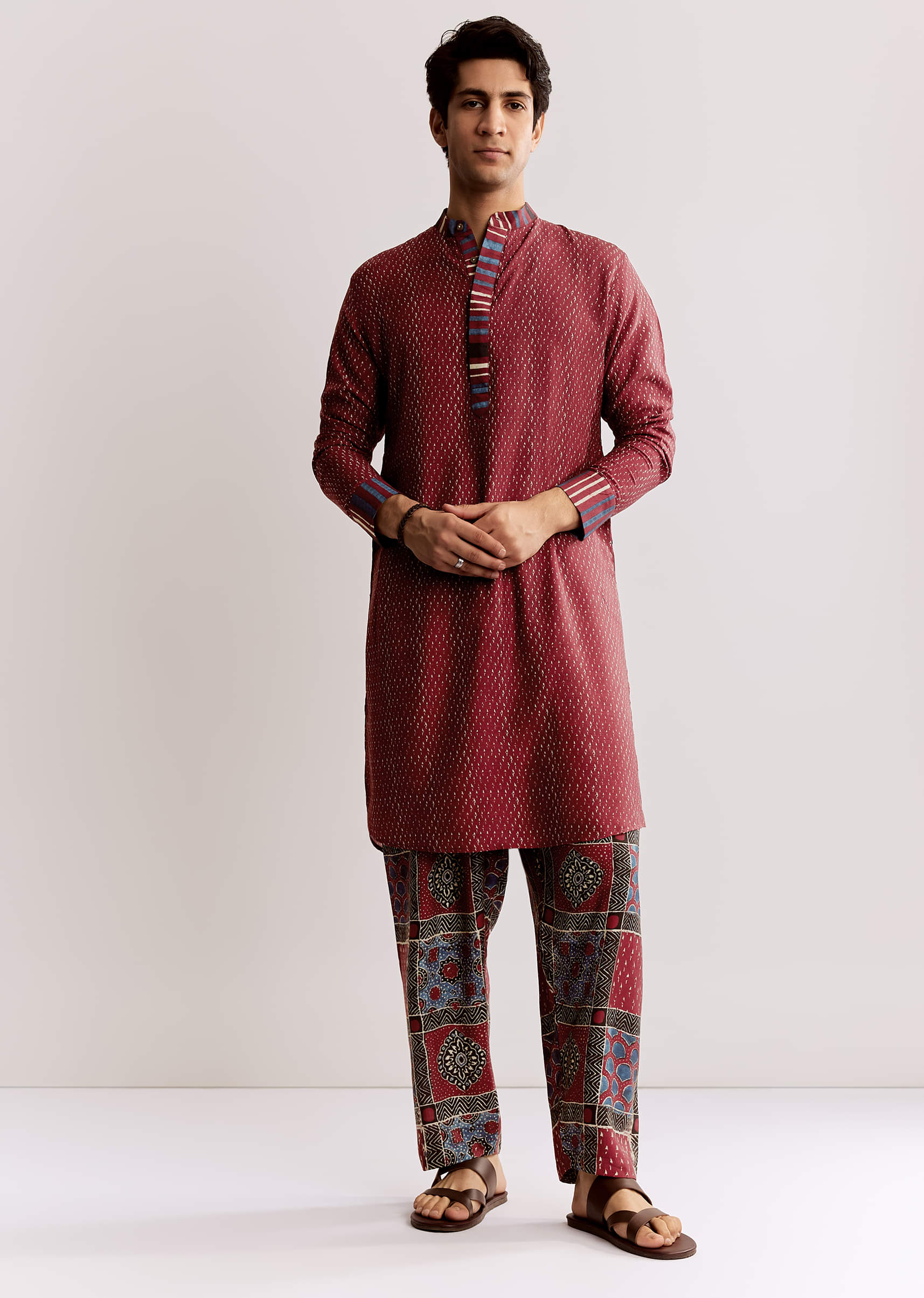 Red Linen Kurta With Ajrakh Print Pants