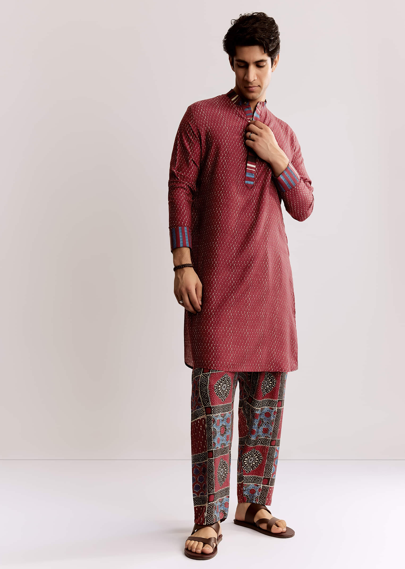 Red Linen Kurta With Ajrakh Print Pants - Image 3