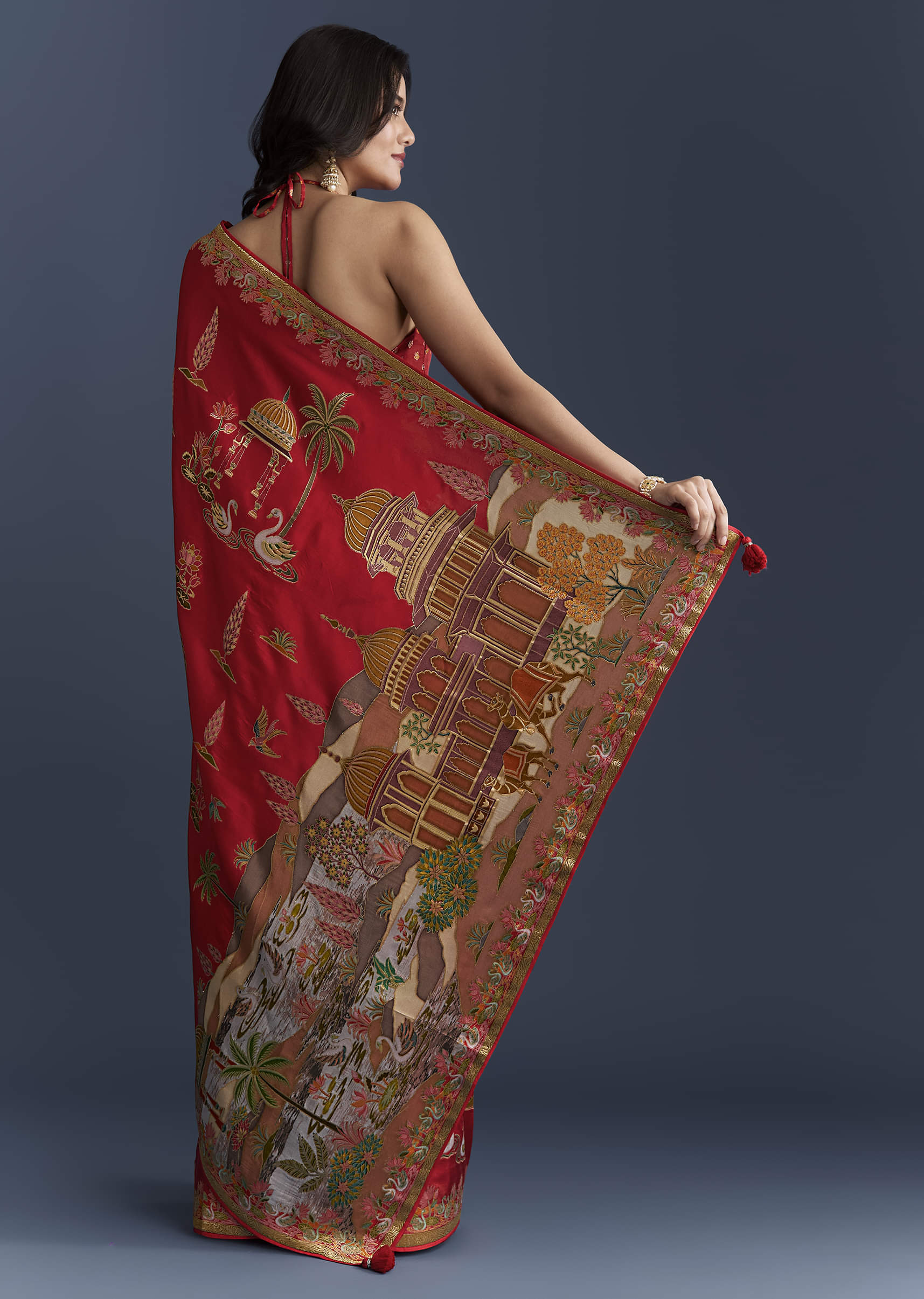 Red Magenta Dola Silk Saree With Nature Motifs And Embroidery - Image 4