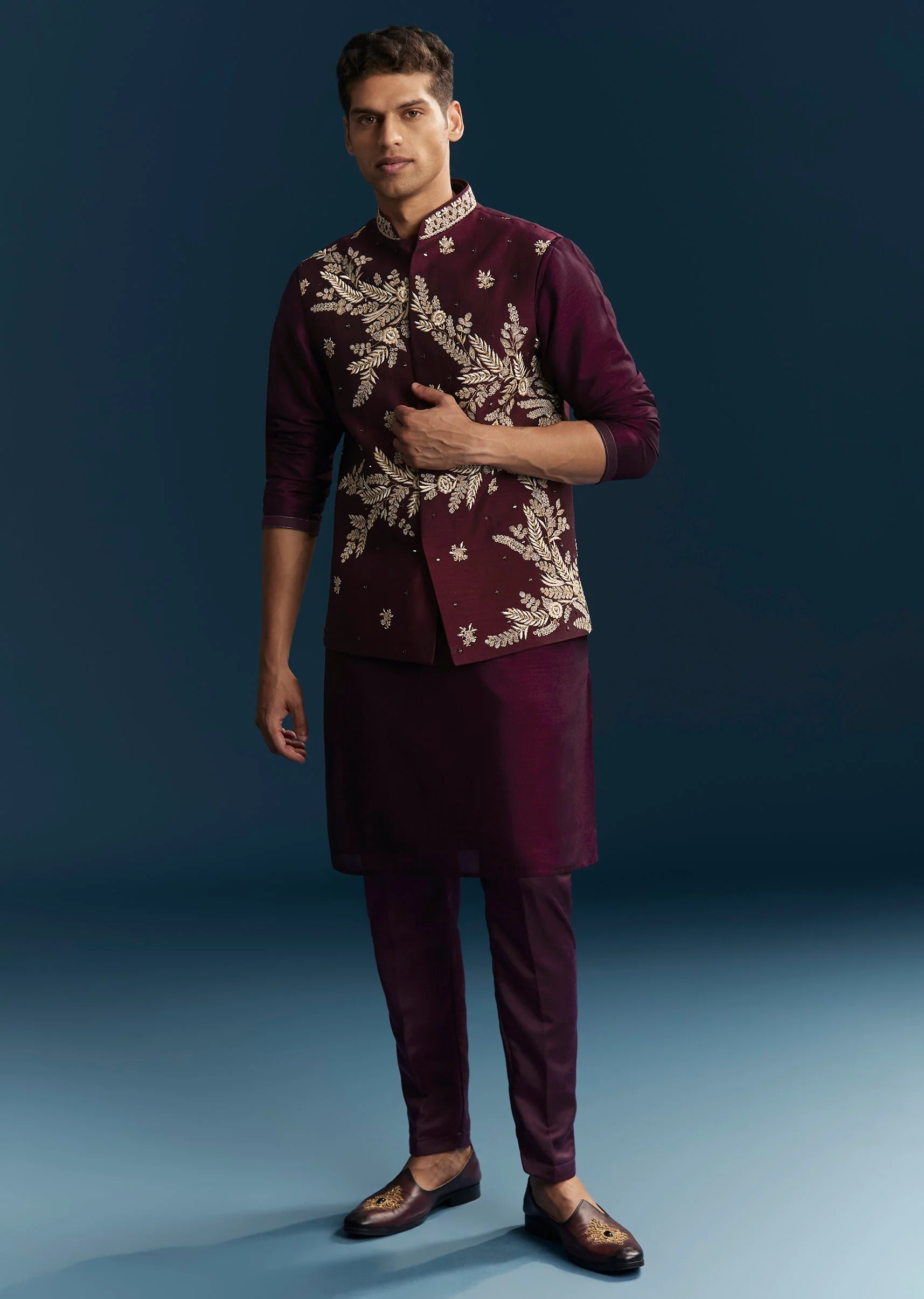 Red Maroon Silk Kurta Jacket Set With Thread Mirror Sequin Bead Work