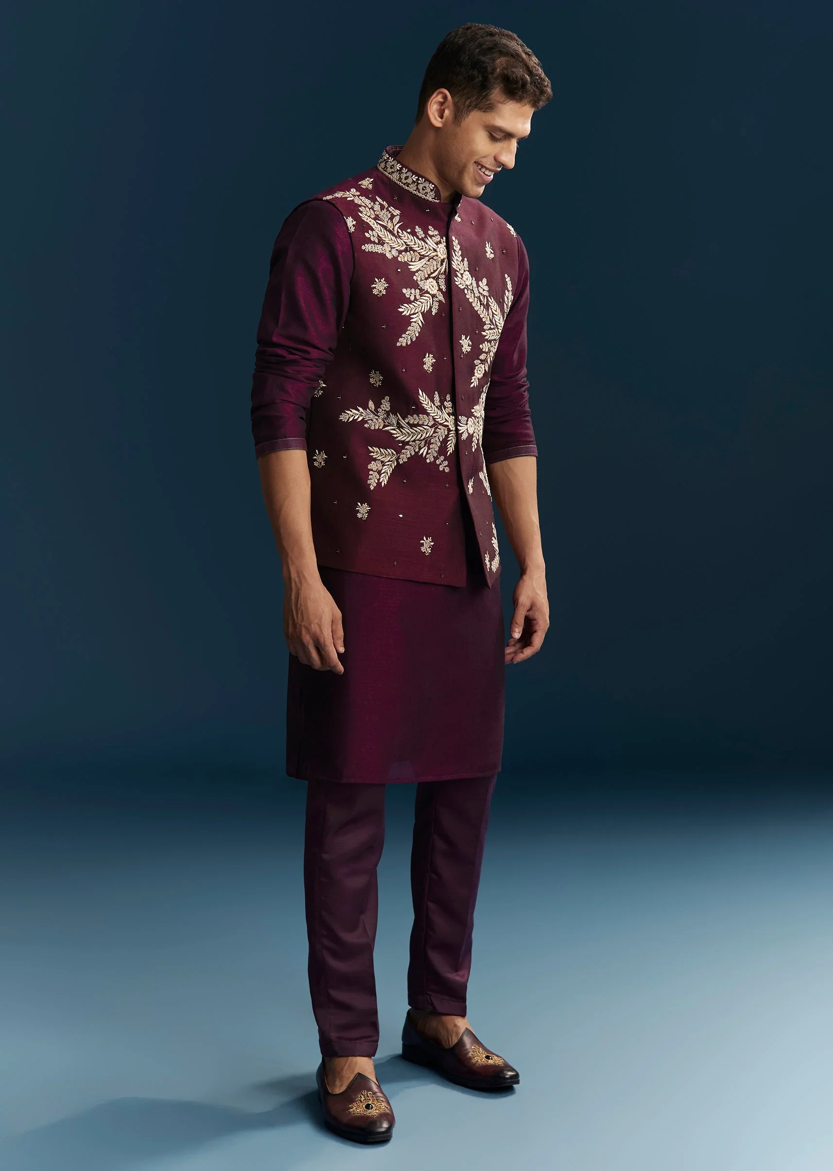 Red Maroon Silk Kurta Jacket Set With Thread Mirror Sequin Bead Work - Image 3