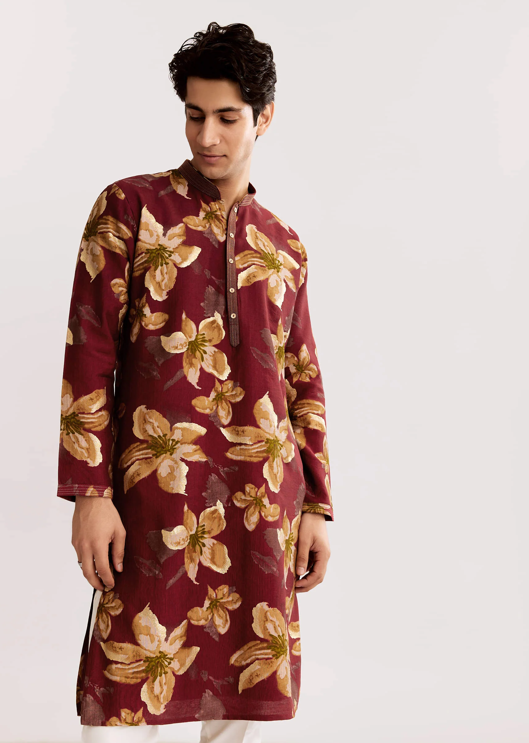 Red Maroon Silk Kurta Set With Floral Print - Image 3
