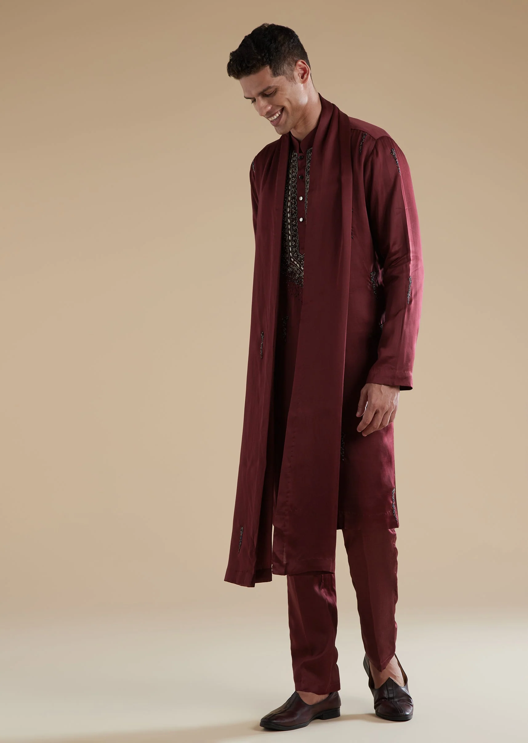 Red Maroon Silk Kurta Set With Metal Hand Embroidery - Image 3
