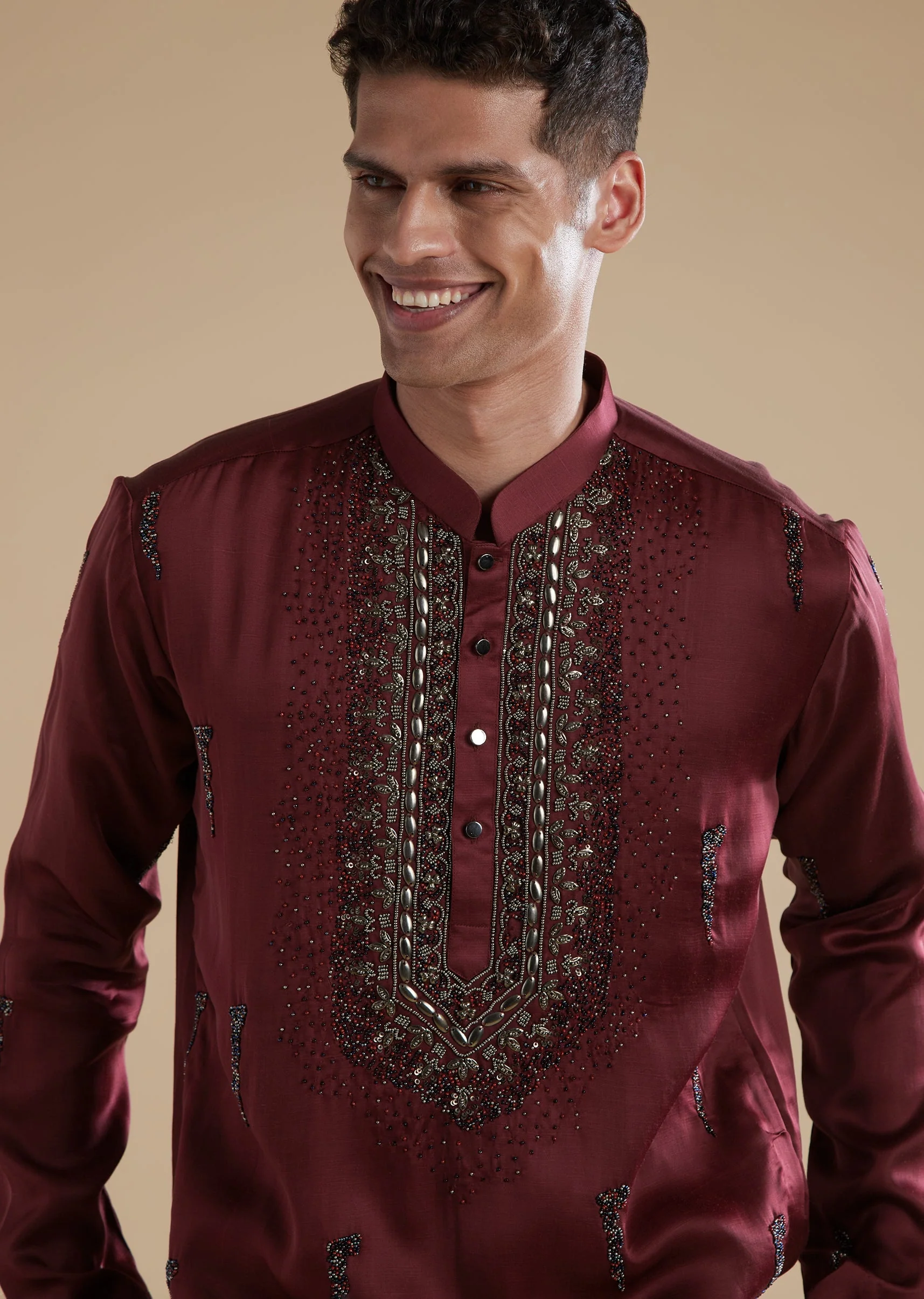 Red Maroon Silk Kurta Set With Metal Hand Embroidery - Image 4