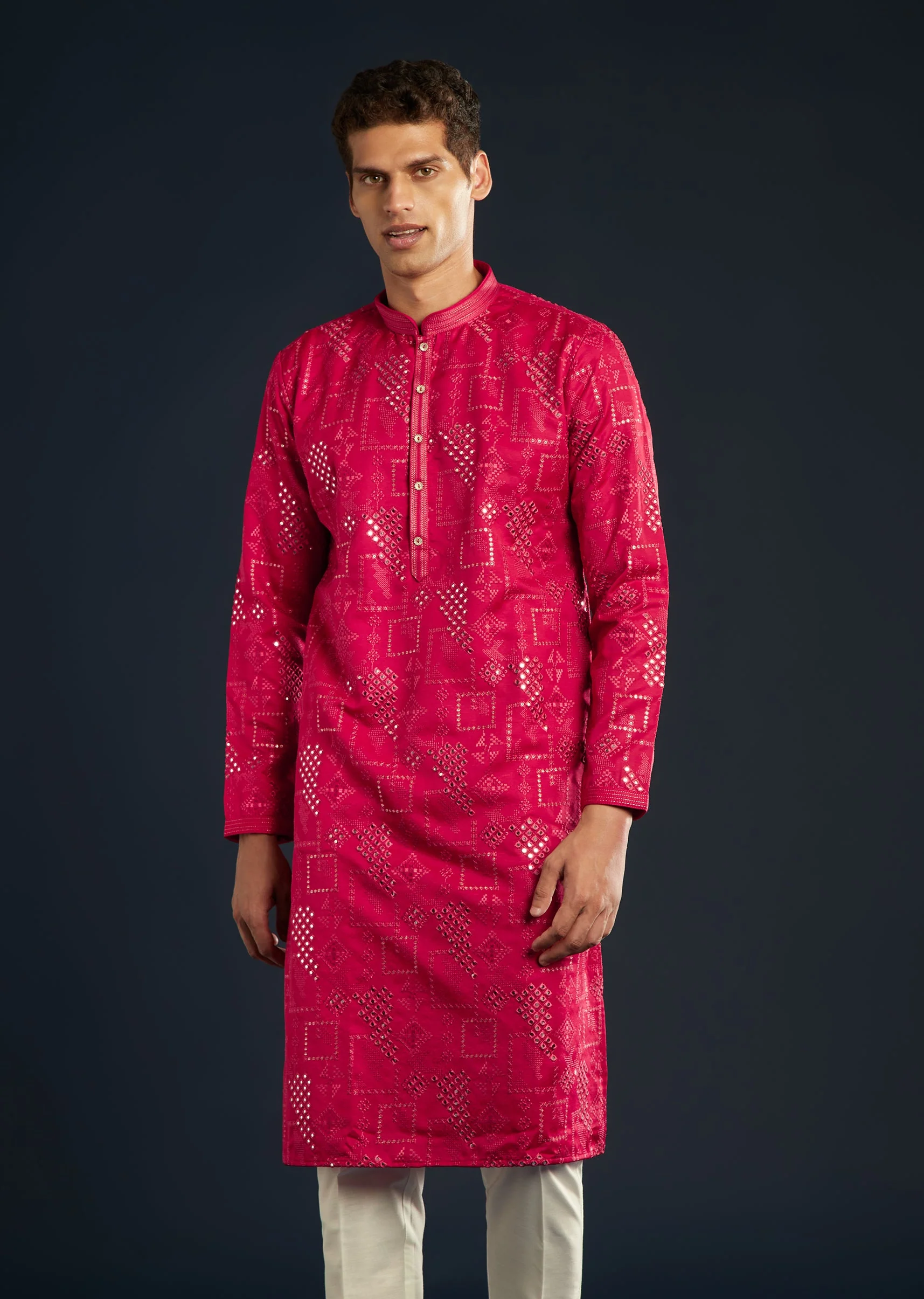 Red Mens Silk Abla Work Kurta Set - Image 2