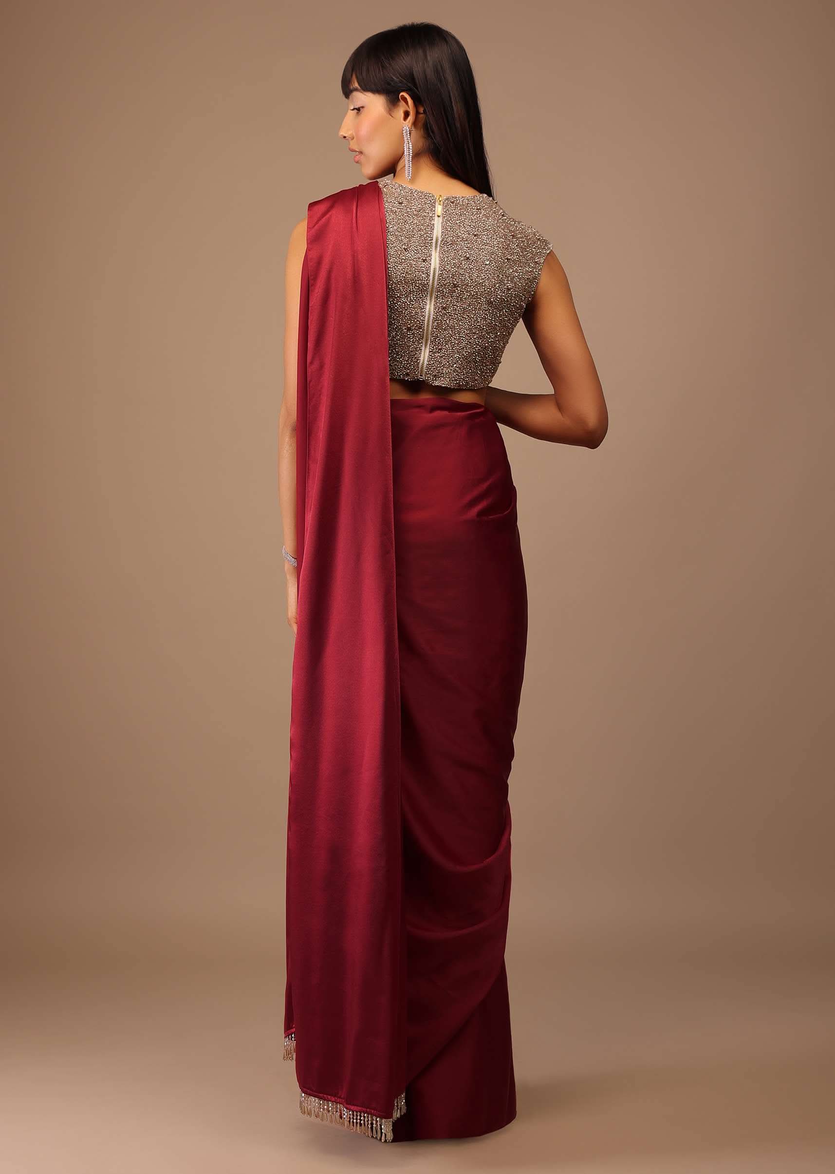 Valentine Red Milano Satin Saree With V Neck Hand Embroidered Crop Top - Image 2