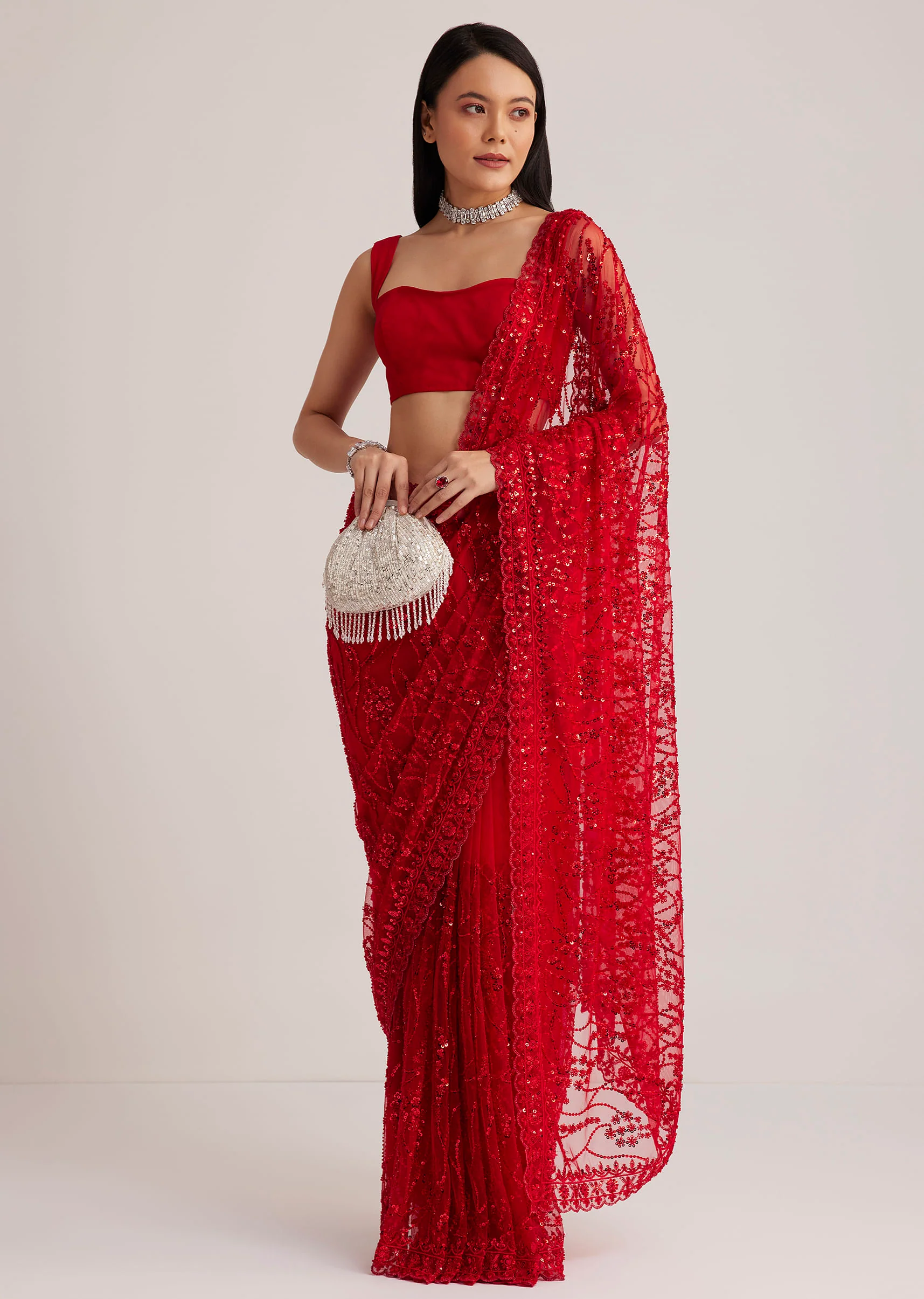 Red Net Saree With Sequins And Stone Detailing - Image 3