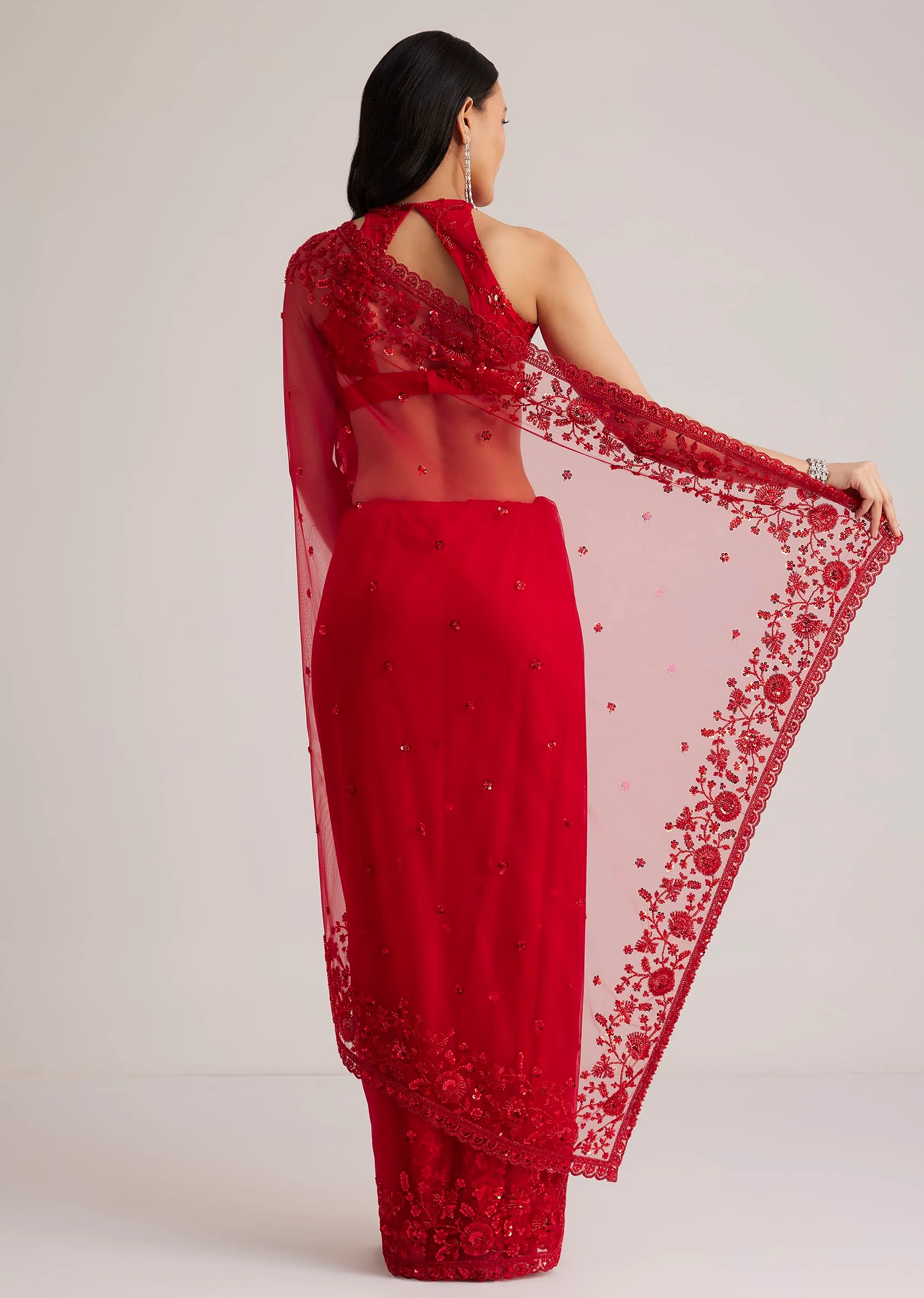 Red Net Saree With Sequins And Stones Embroidery - Image 4