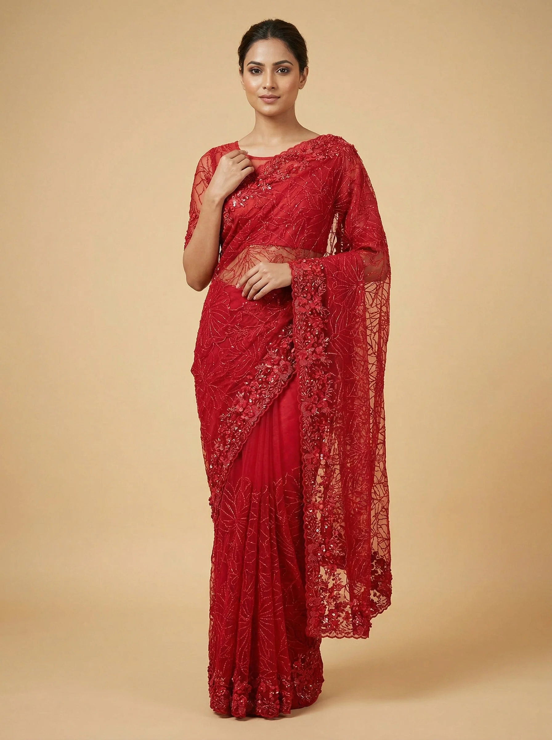Red Notable Embroidered Saree