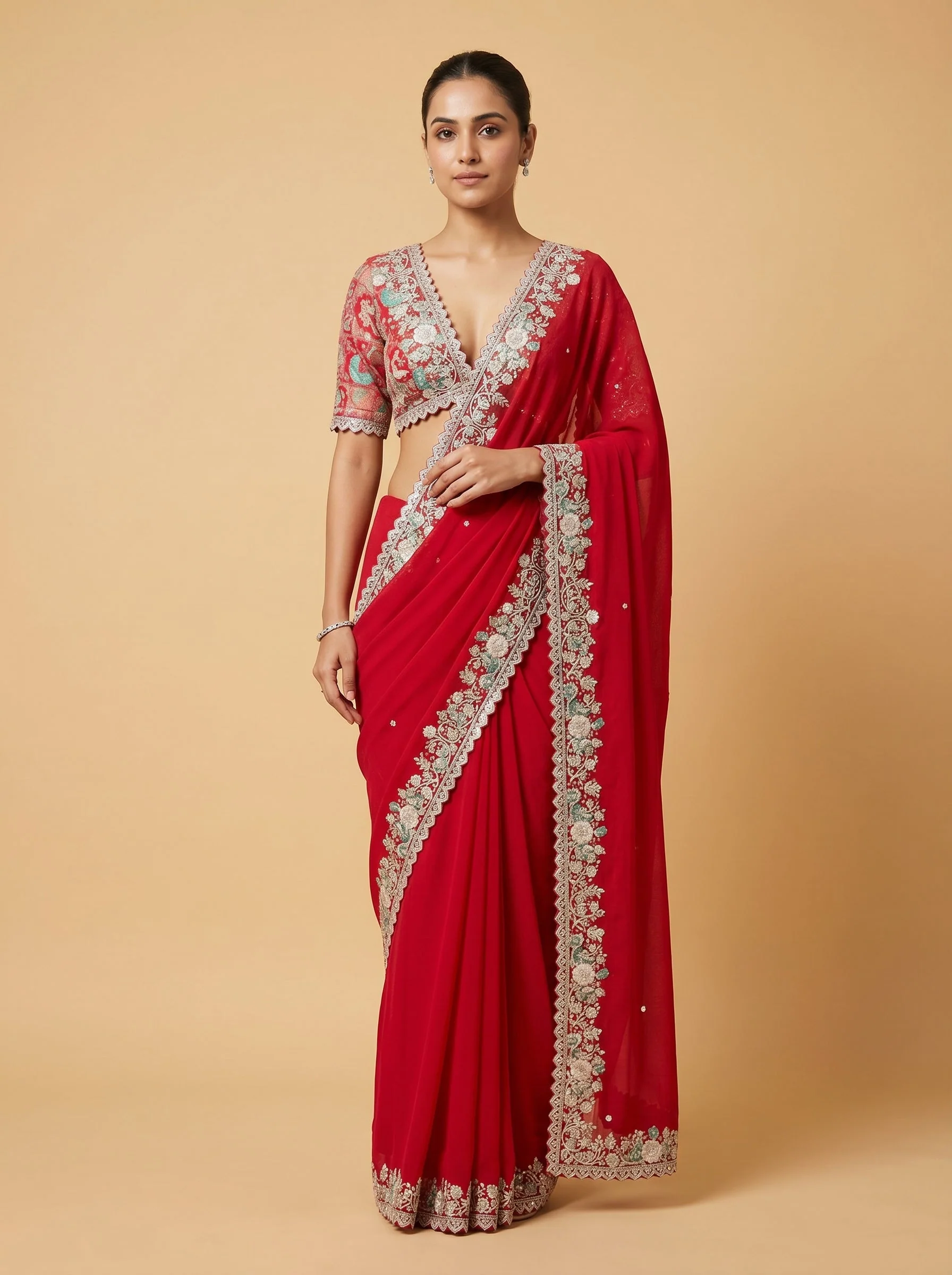 Red Orange Fiery Blend Embroidered Saree