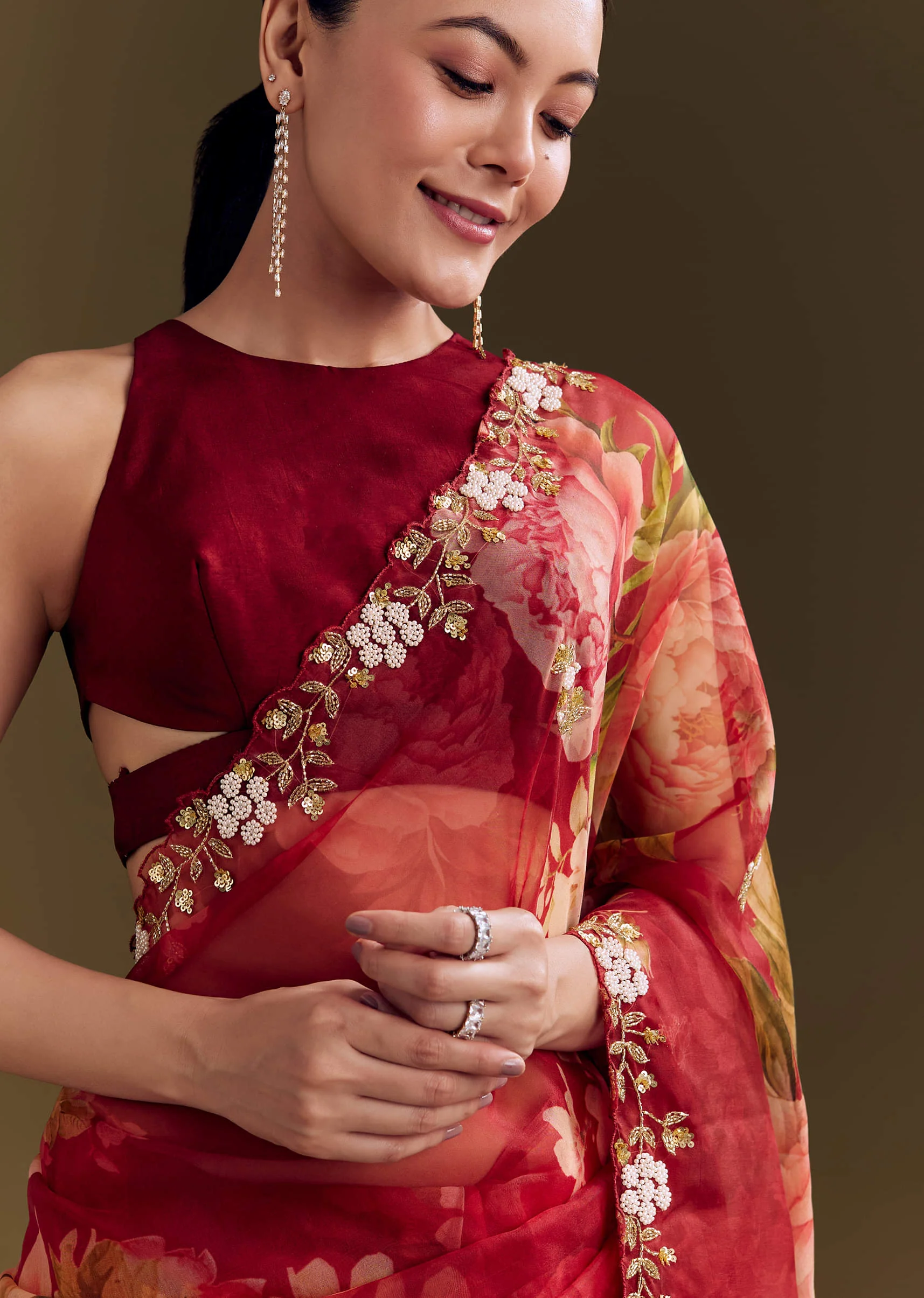 Red Organza Saree With Florals And Cutdana Border - Image 3
