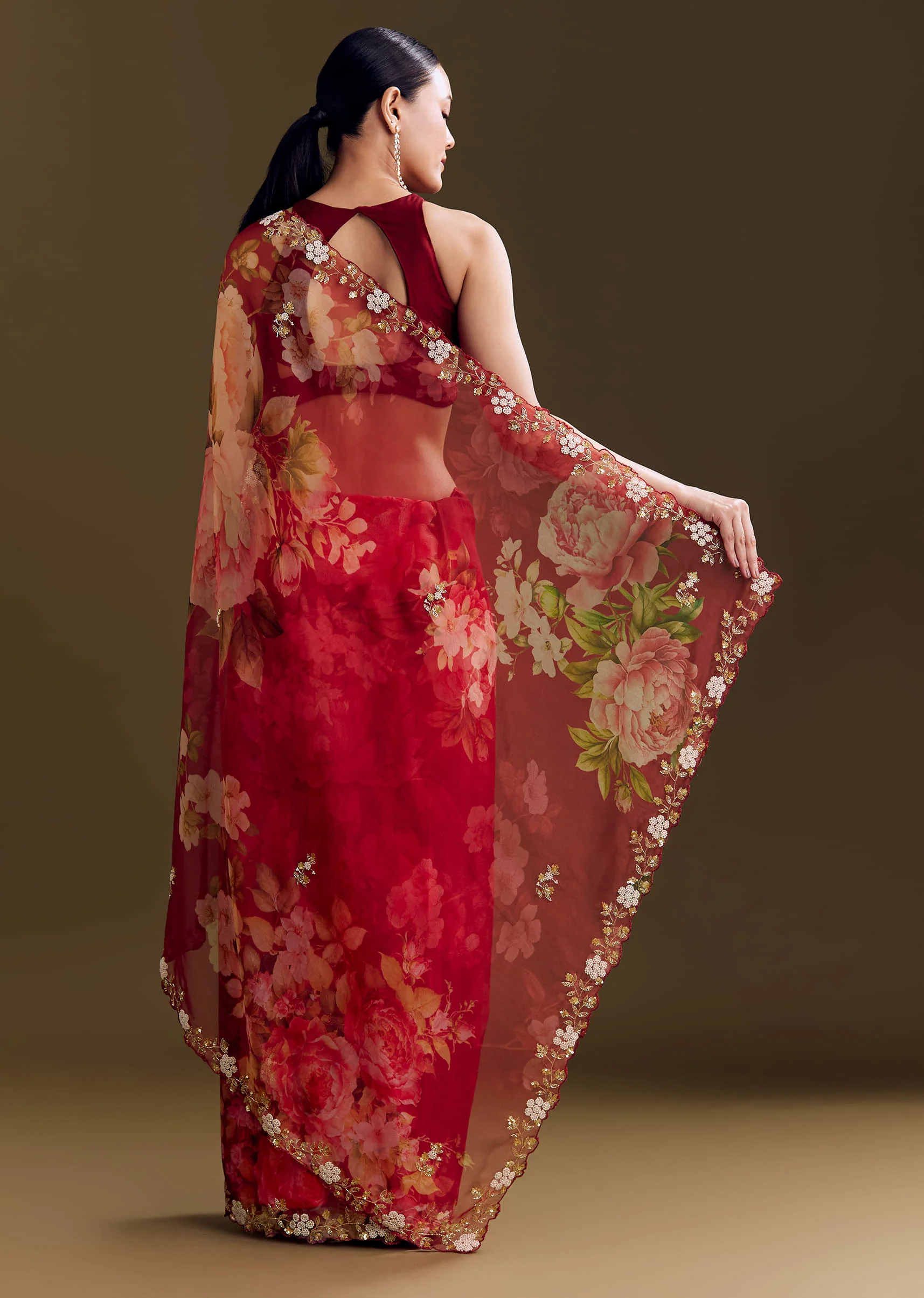 Red Organza Saree With Florals And Cutdana Border - Image 6