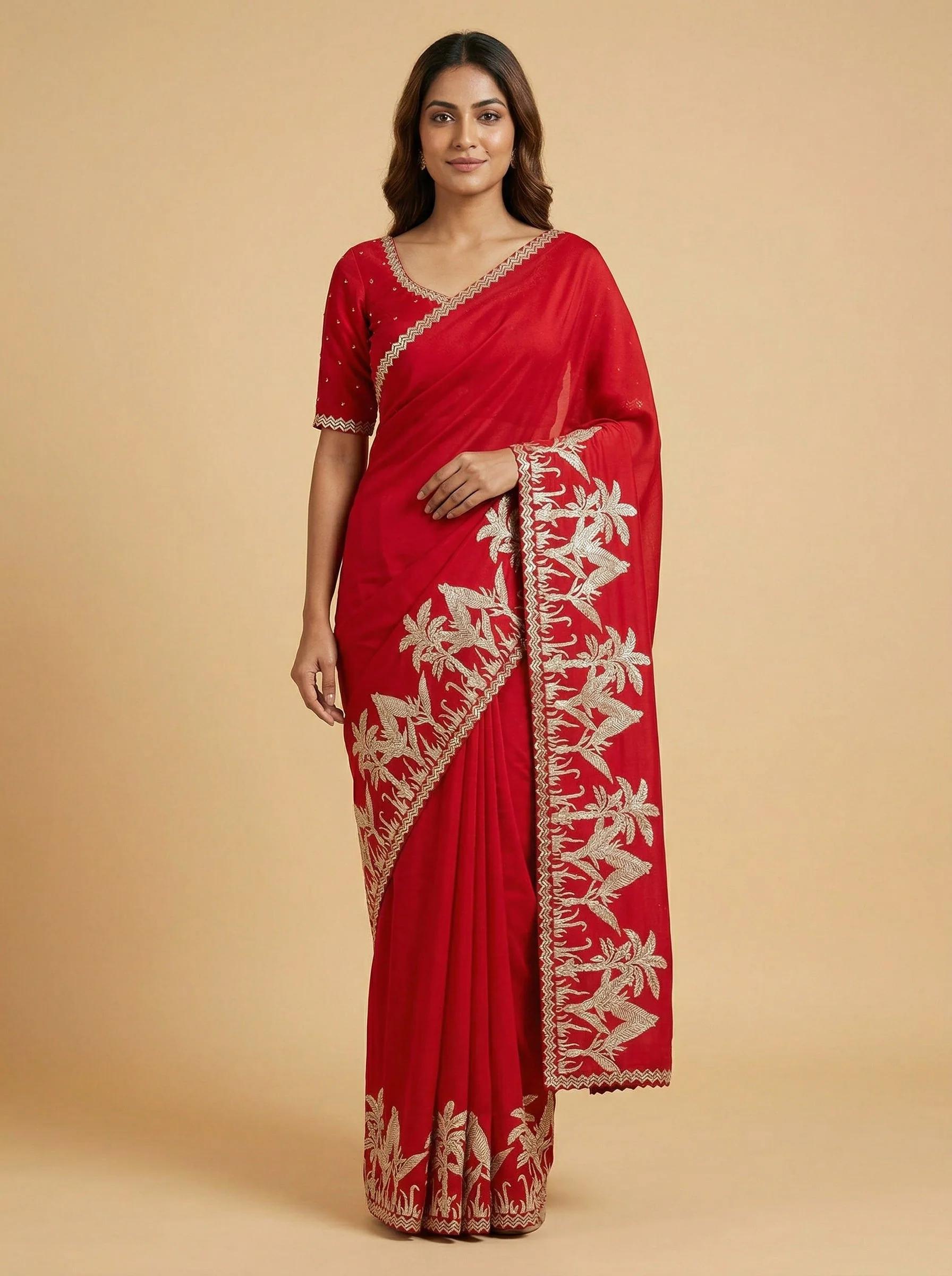 Red Ornamental Embroidered Saree