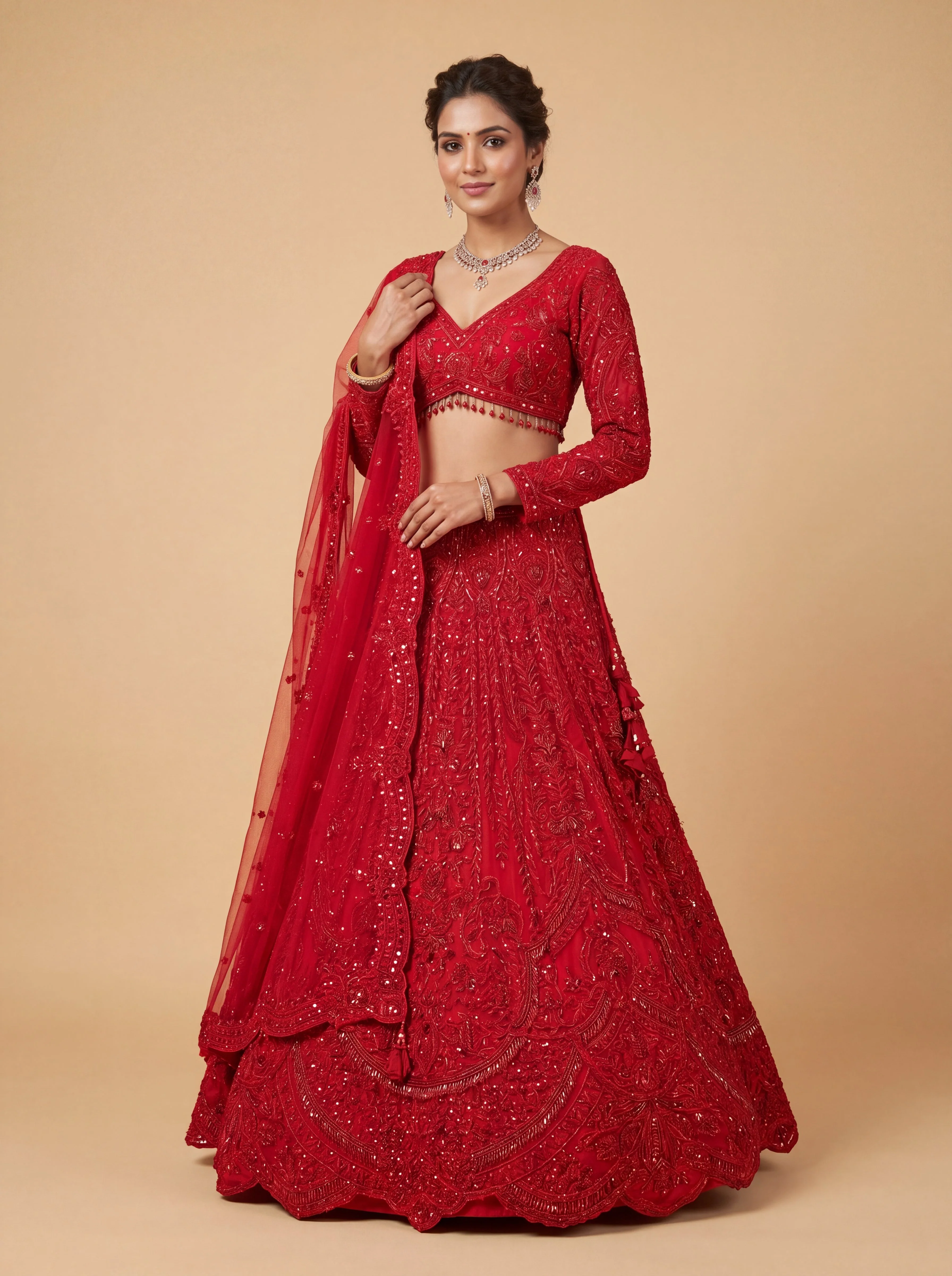 Red Pheras Bridal Lehenga With Velvet Blouse Trailing Dupatta