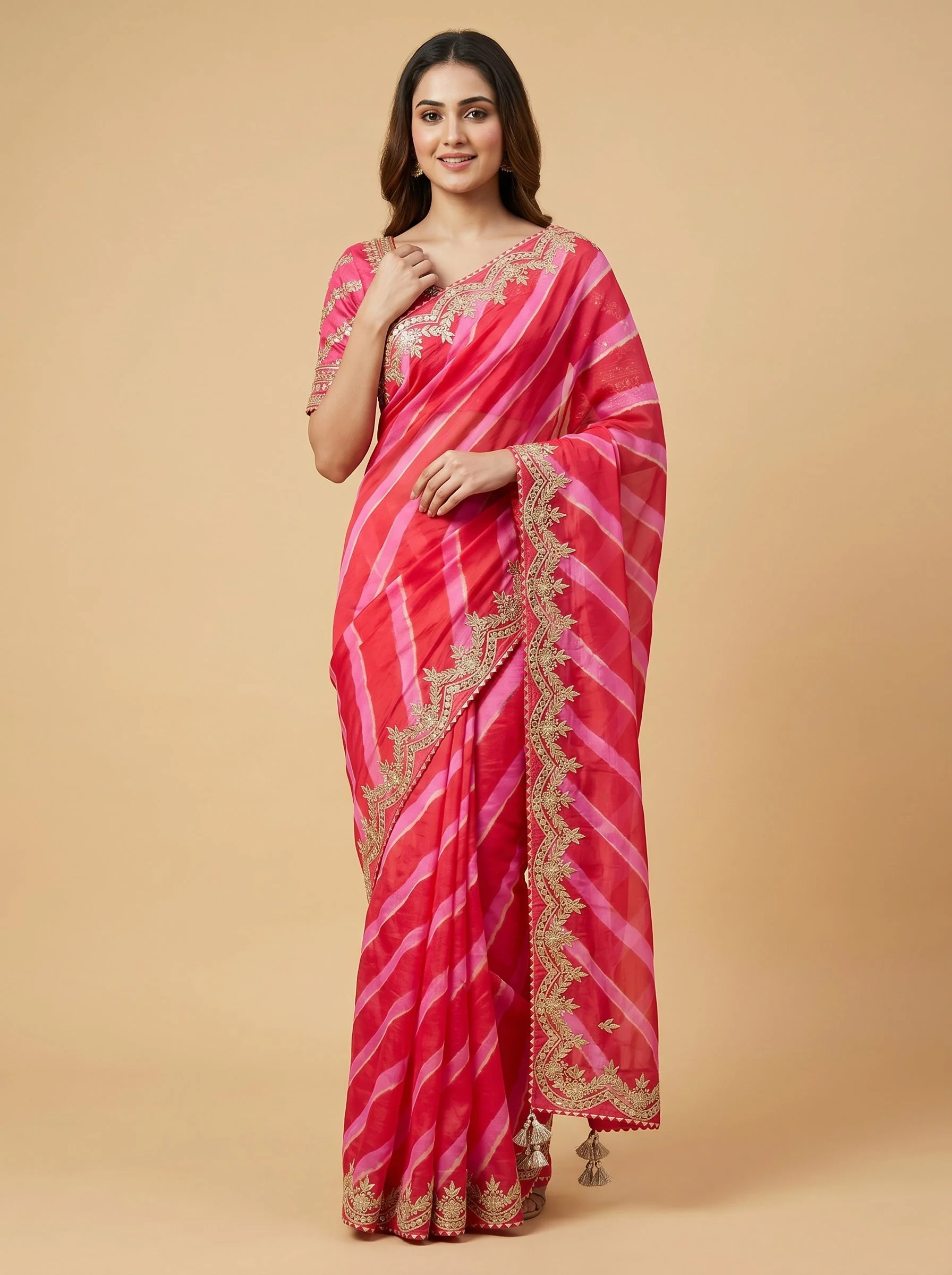 Red Pink Dual Bloom Embroidered Saree