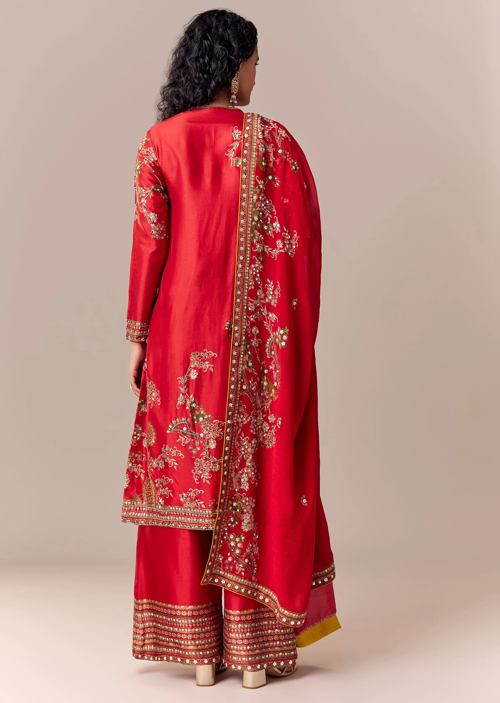 Red Printed Kurta Palazzo Set With Dupatta - Image 5
