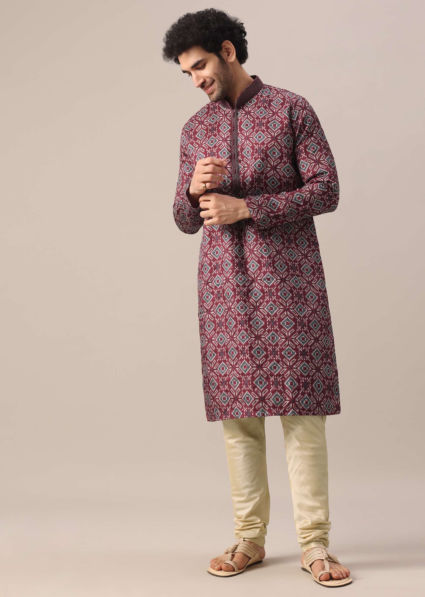 Red Printed Kurta Set In Silk - Image 2