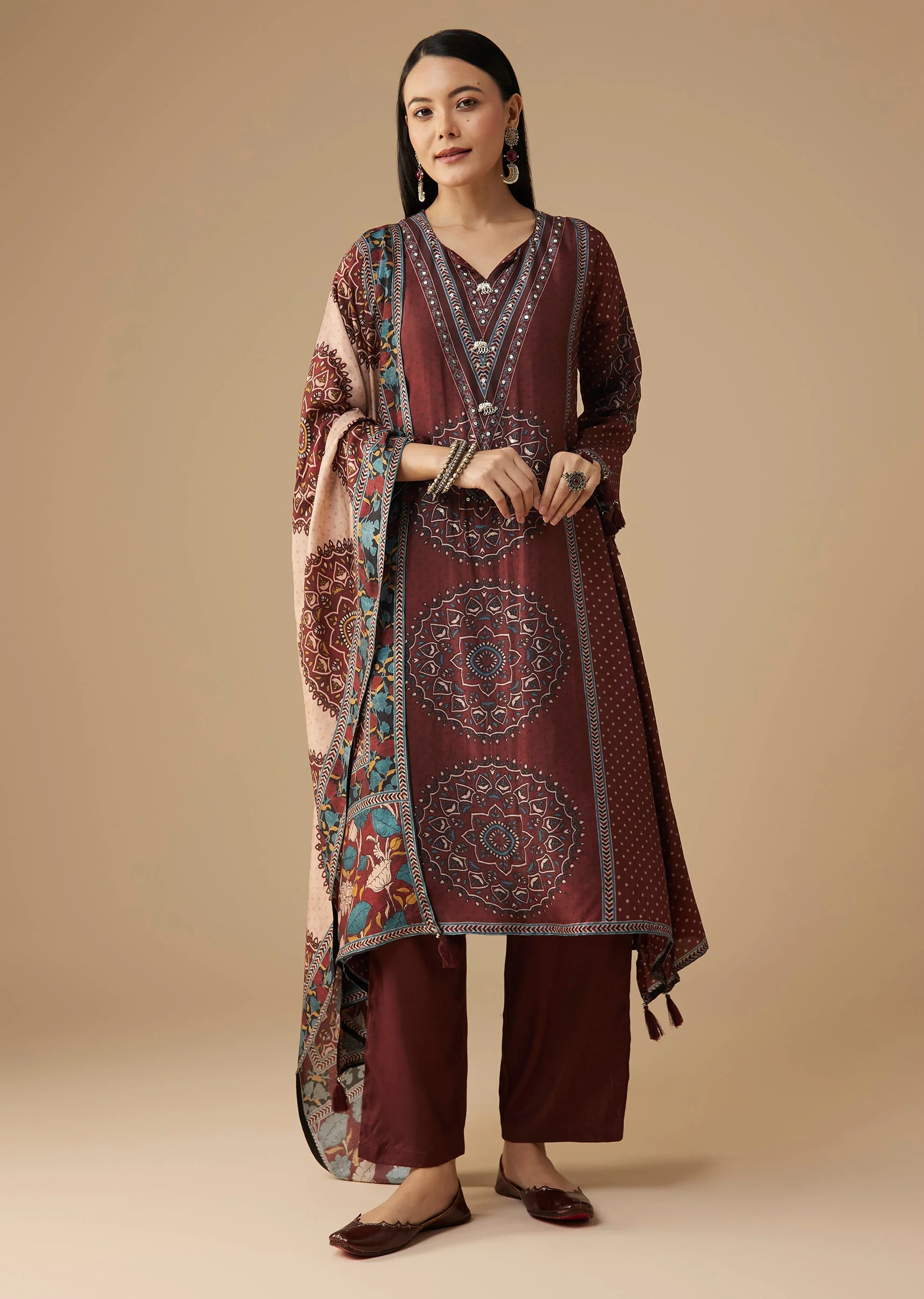 Red Printed Kurta Set With Sequinned Embroidery